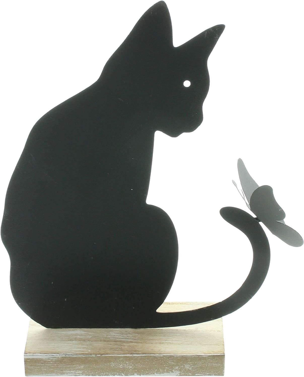 Dekofigur "Katze mit Schmetterling" aus Metall, matt schwarz, 21 cm hoch