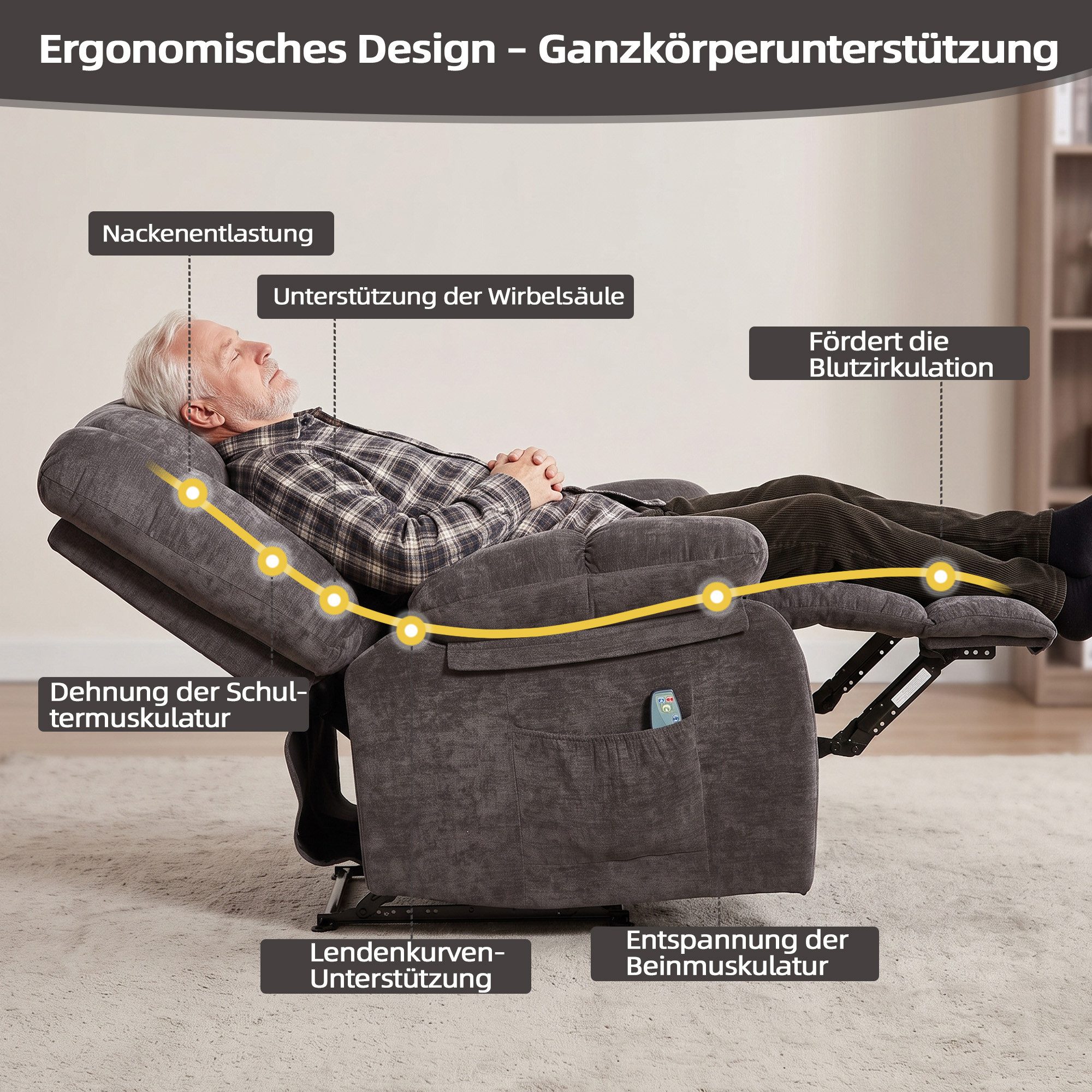 CANMOV Relaxsessel verstellbarer Massagesessel mit Liegefunktion und Wärmefunktion, Ergonomisch Lesesessel mit Seitentasche, 90°-160° – Bild 4 von 5