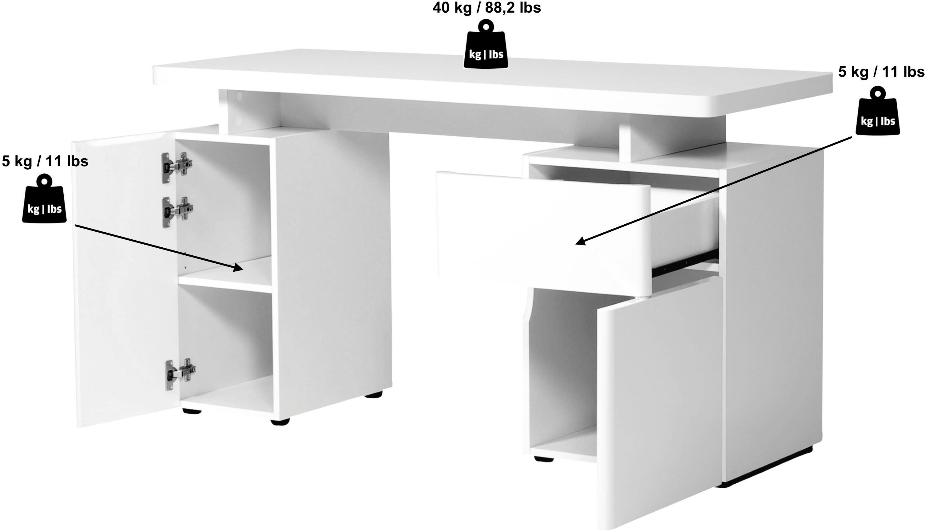 Jahnke Schreibtisch Weiß Weiß Hochglanz Weiß Arbeitsplatz | platzsparender Hochglanz CU-LIBRE 140, 