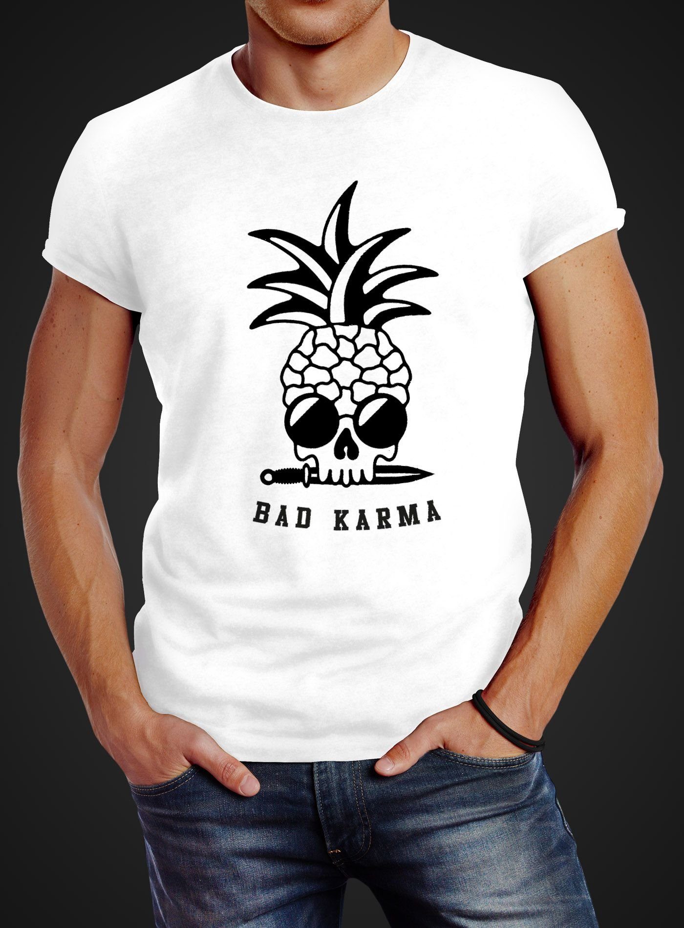 Neverless Print-Shirt mit Herren T-Shirt Skull Bad Fit Pineapple Karma Slim Neverless® Print Ananas Sonnenbrille Totenkopf weiß