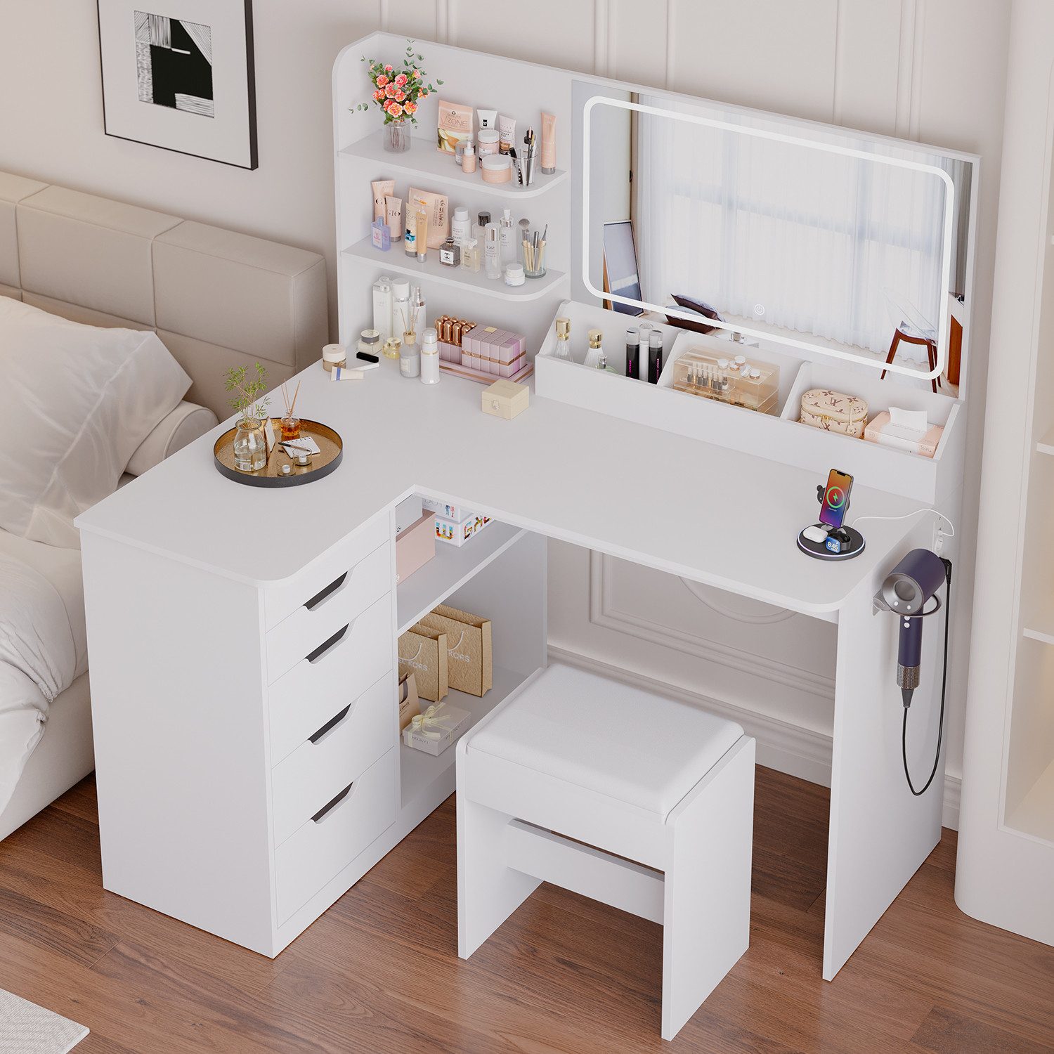 HOMALL Schminktisch Mit Stuhl und dreifarbigem LED-Spiegel, Helligkeit eins günstig online kaufen