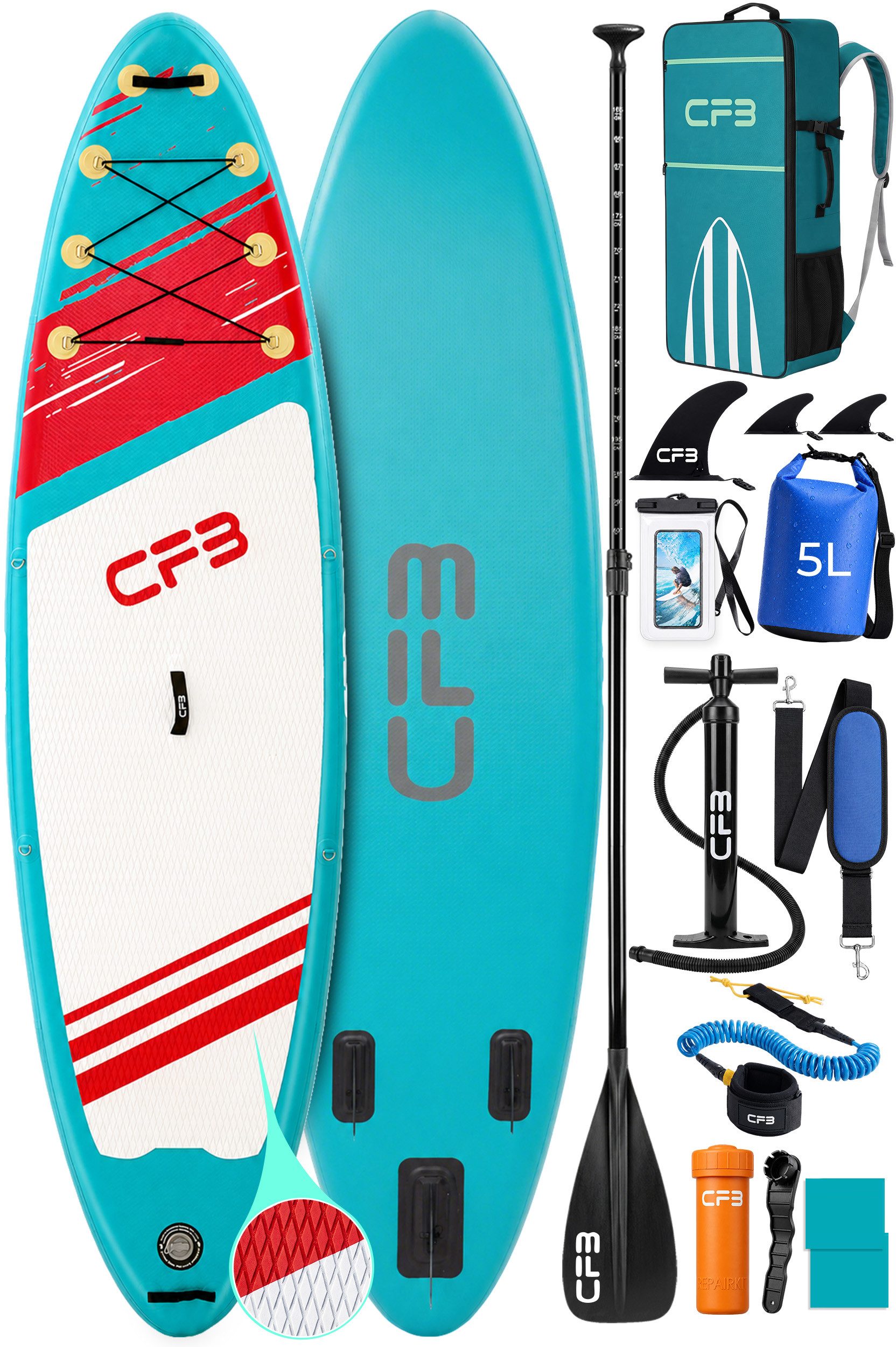 CFB SUP-Board Set 320x84x15 cm, Bis zu 160 kg, extra breites iSUP, aufblasbares Stand Up Paddle Board, (großes EVA-Deckpad, SUP Komplett-Set, 12 tlg., mit Paddel, Pumpe, Rucksack, Drybag, Handyhülle & Schultergurt), Surfboard, Paddelboard mit 3-Finnen-System für Anfänger und Erwachsene