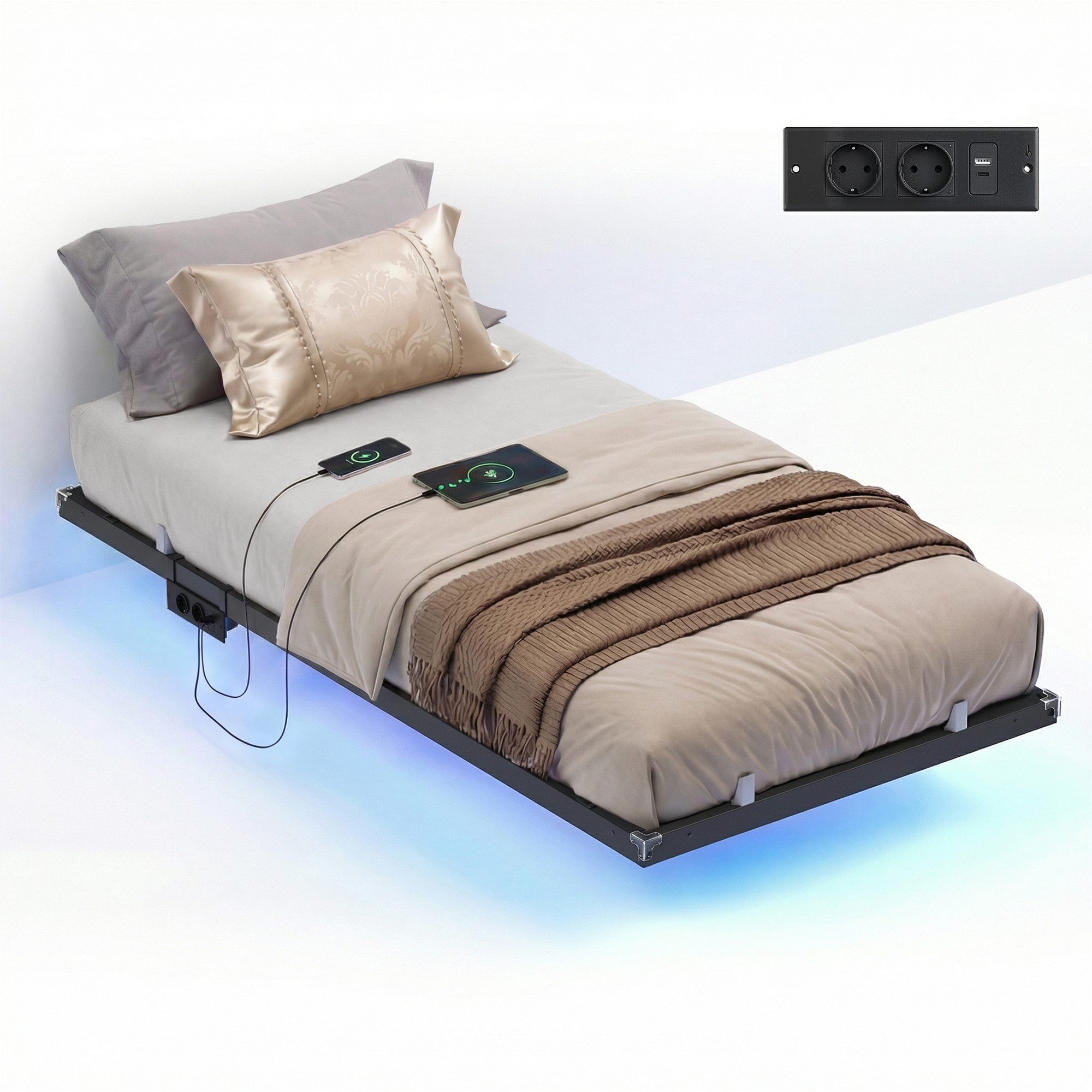 VASAGLE Bettgestell, Bettgestell mit LED-Beleuchtung, USB-C-Anschluss, Steckdosenleiste