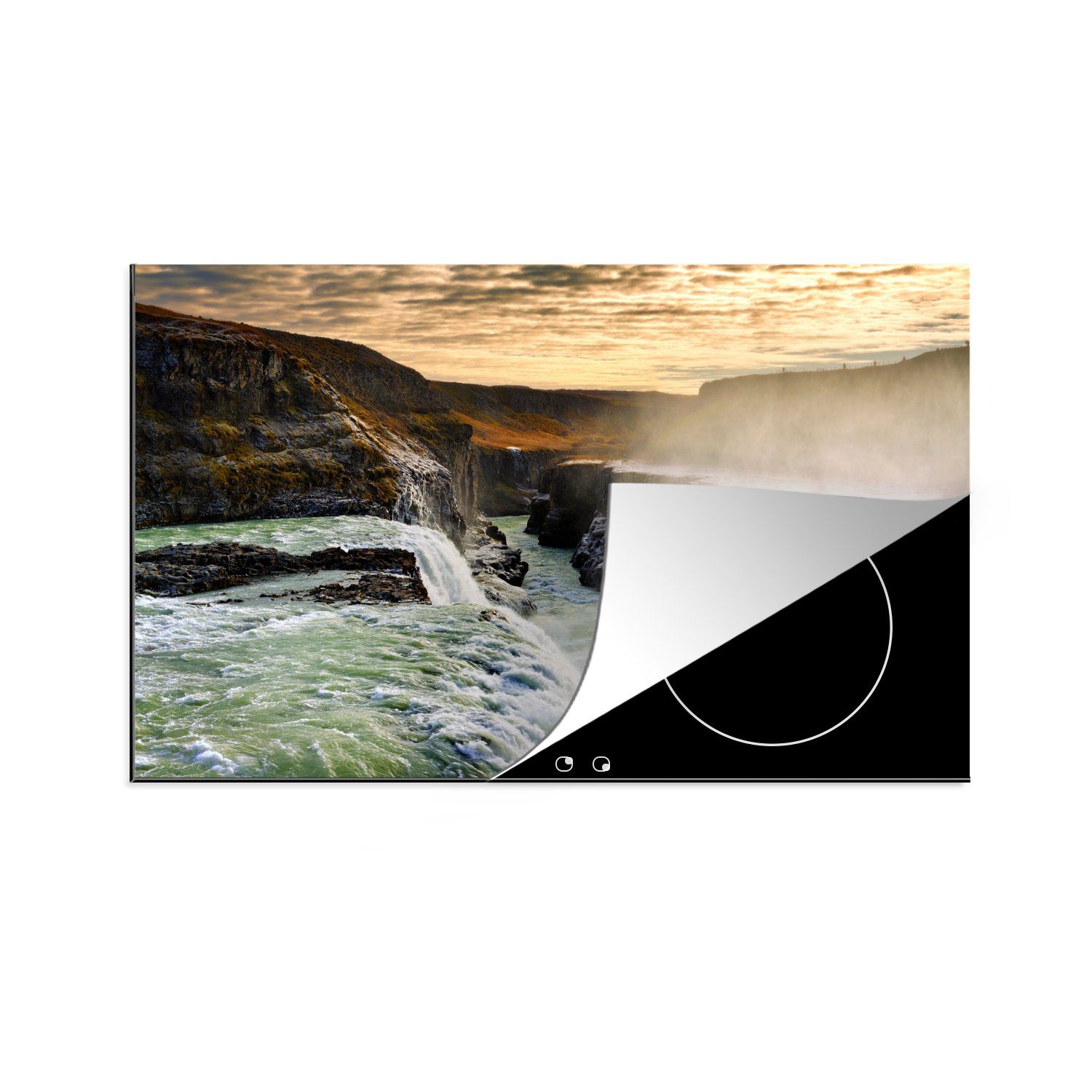 MuchoWow Herdblende-/Abdeckplatte Sonnenuntergang am Gullfoss-Wasserfall in Island, Vinyl, (1 tlg), 81x52 cm, Induktionskochfeld Schutz für die küche, Ceranfeldabdeckung