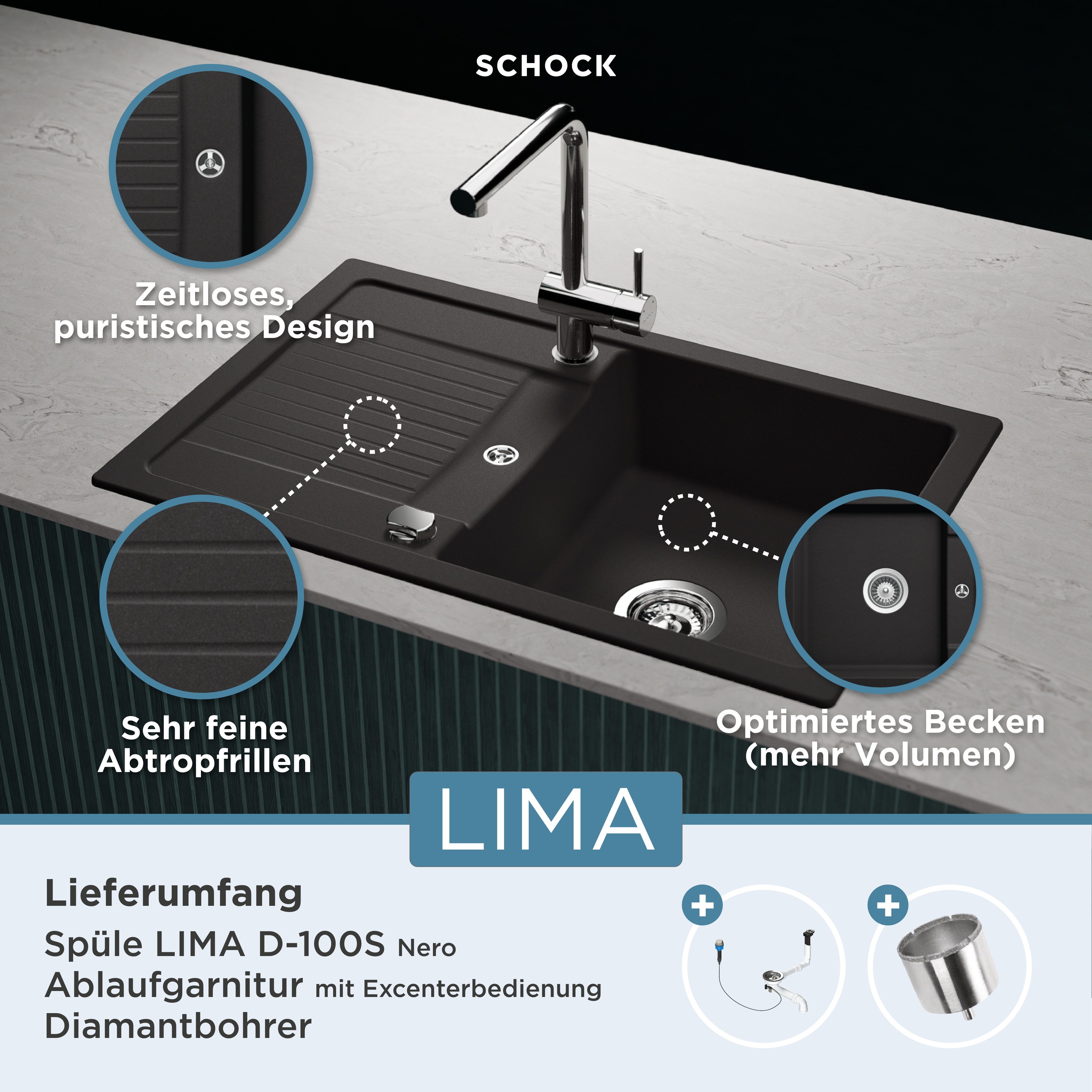 Schock Granitspüle Lima D-100S, eckig, 78/50 cm, 78/50 cm, Auflagespüle