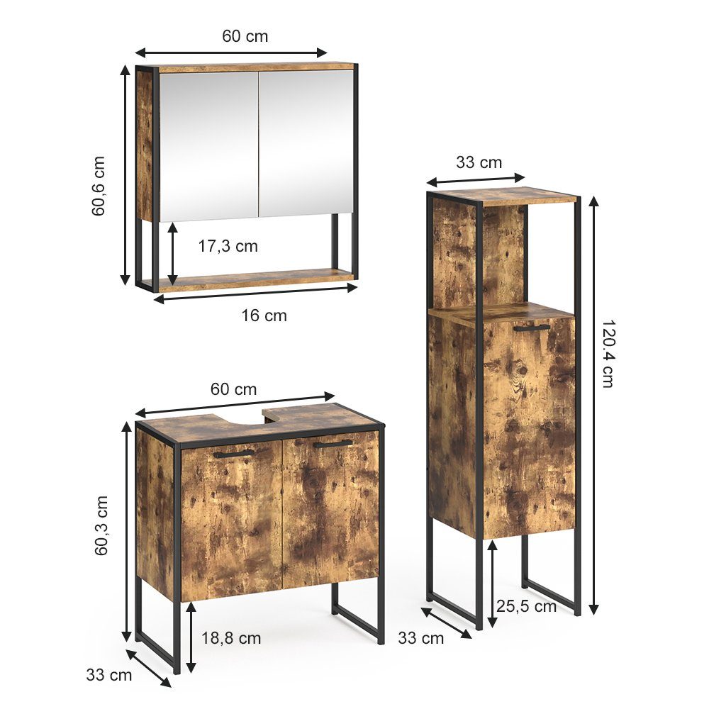 (3-er FYRK Loft-Badezimmerset Vintage Set) 2, 3-er Badmöbel-Set Set Set, Vicco 3-St.,