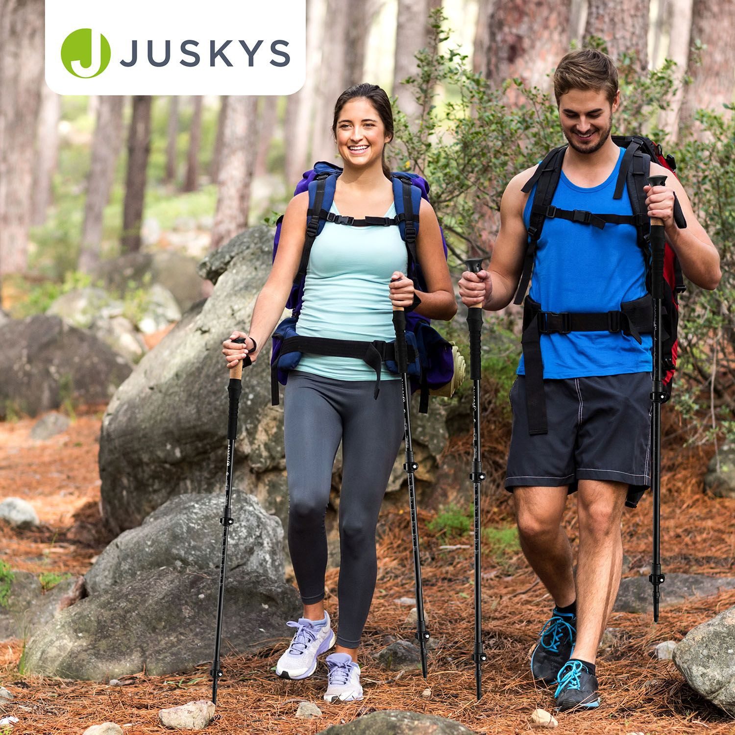 Juskys Wanderstöcke (2 St), Alu Teleskop, leicht & ausziehbar, für Damen & Herren, mit Zubehör