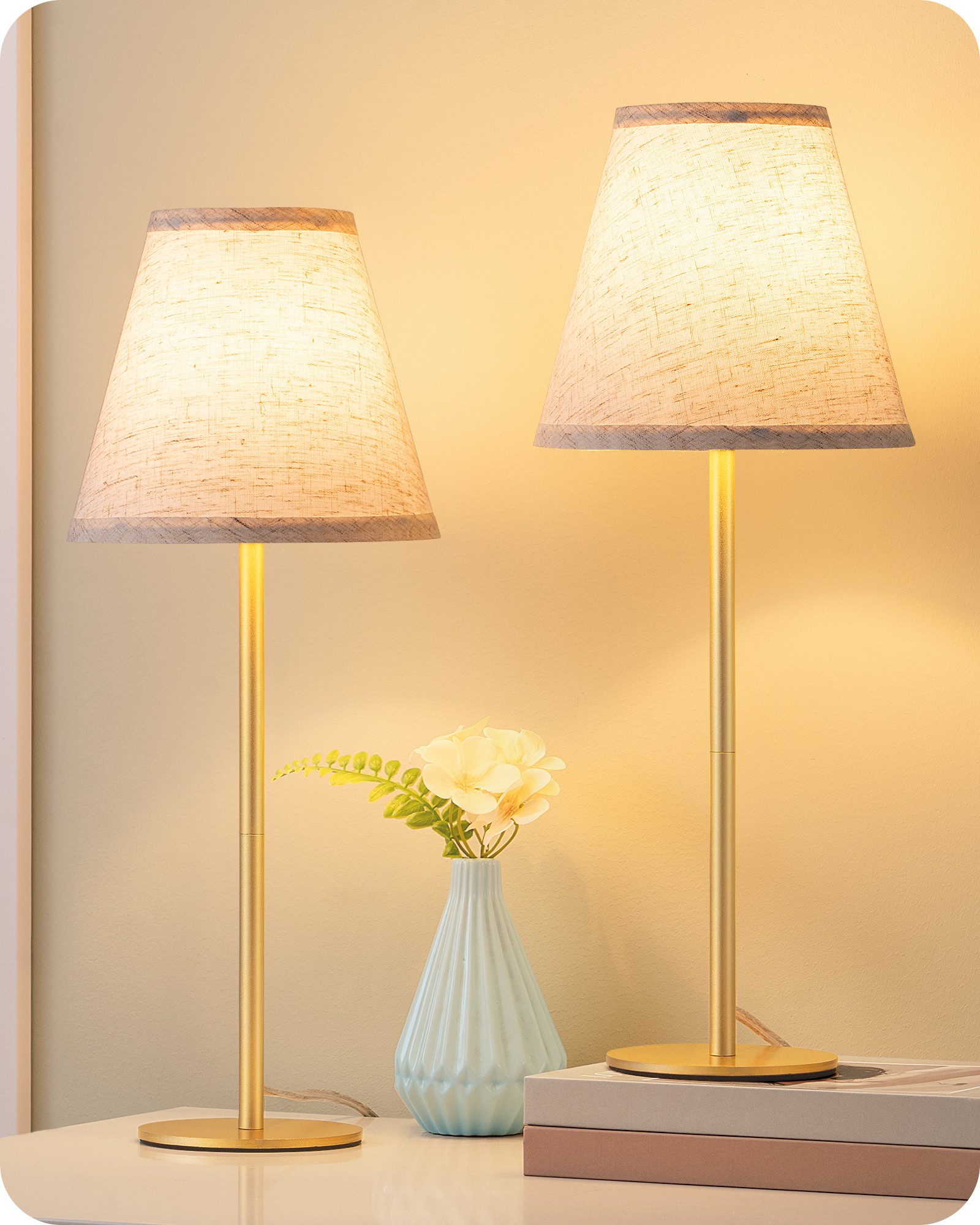EDISHINE Nachttischlampe EDISHINE LED Nachttischlampen 2er-Set, Leinenschirm, 2700K Warmweiß, LED wechselbar, Tageslichtweiß, Tischlampe aus Metall, E27 Fassung, inkl. 4W LED Leuchtmittel