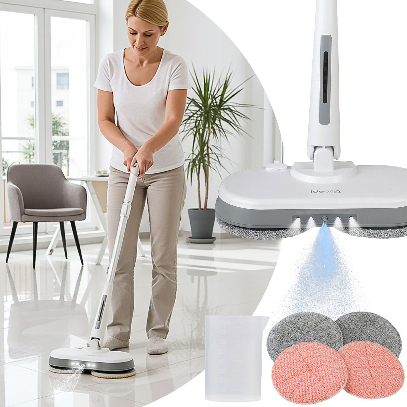 shop'n smile ideoon Hartbodenreiniger Kabellose Boden-Poliermaschine mit Wassertank, Teleskopstange, 30 W, Bodenwischer für grosse Flächen, Fliesen, Laminat