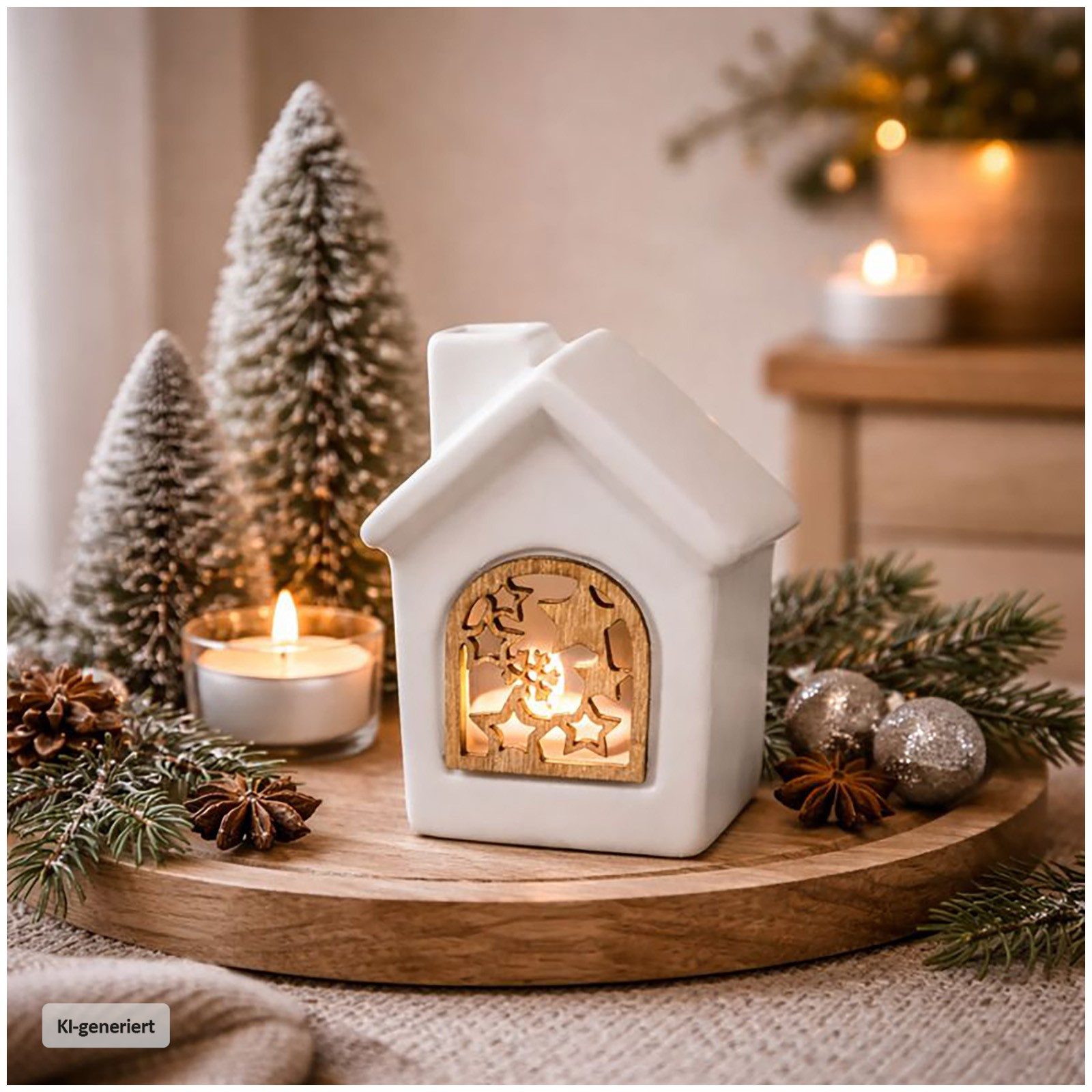 HTI-Living Weihnachtshaus LED Keramikhaus mit Holzfenster Weiß, Weihnachtsdeko Leuchtdeko