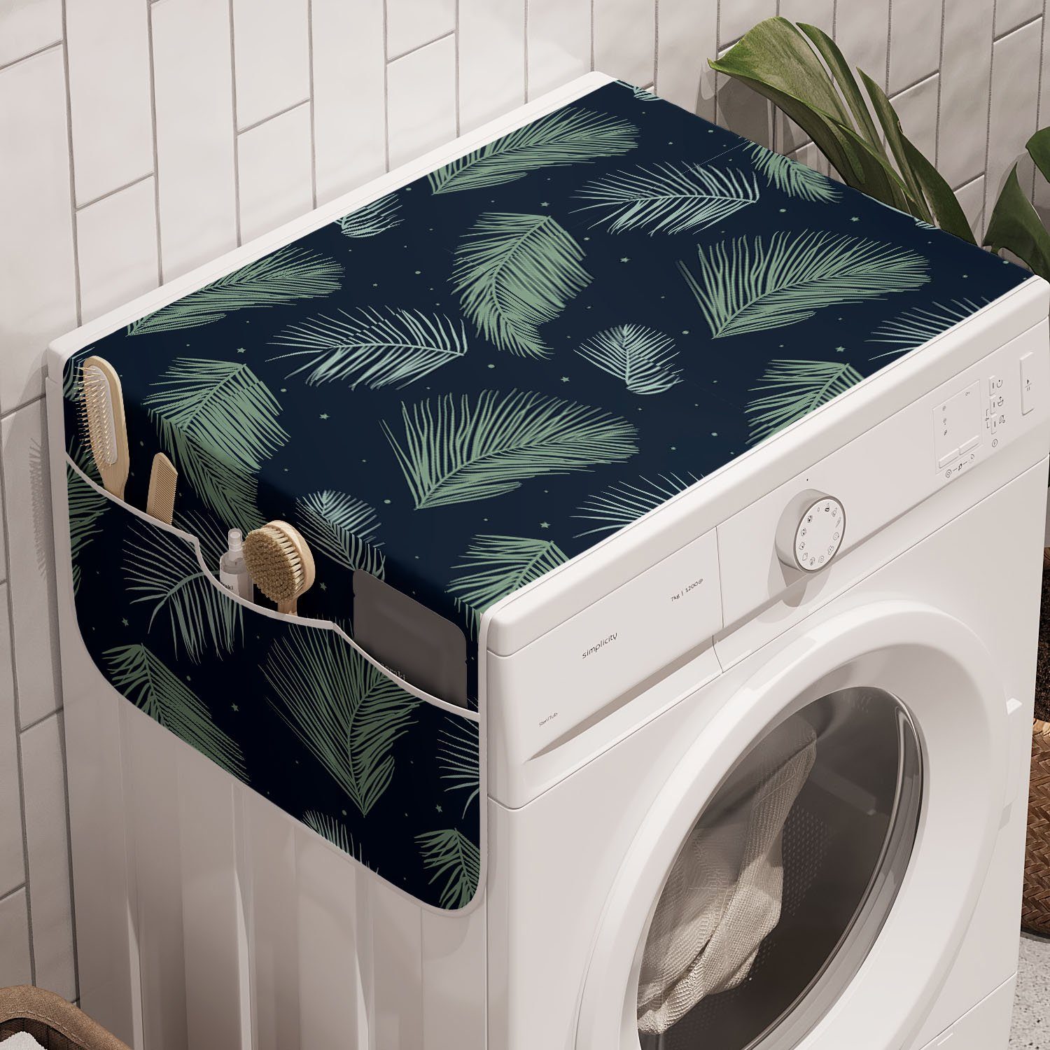 Abakuhaus Badorganizer Anti-Rutsch-Stoffabdeckung für Waschmaschine und Trockner, Tropical Palm Blatt auf Sternenklare Nacht