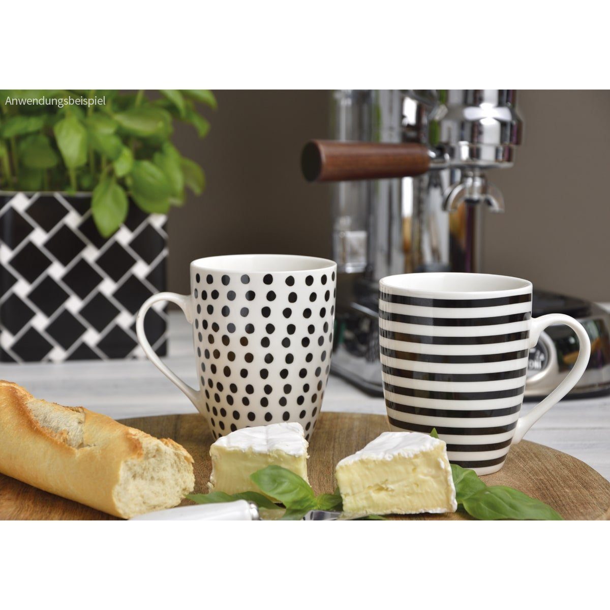 matches21 HOME & HOBBY Tasse Kaffeetassen 4er Set Punkte Streifen Design gepunktet, Porzellan, Tee Kaffee-Becher, modern, weiss schwarz gestreift, 300 ml