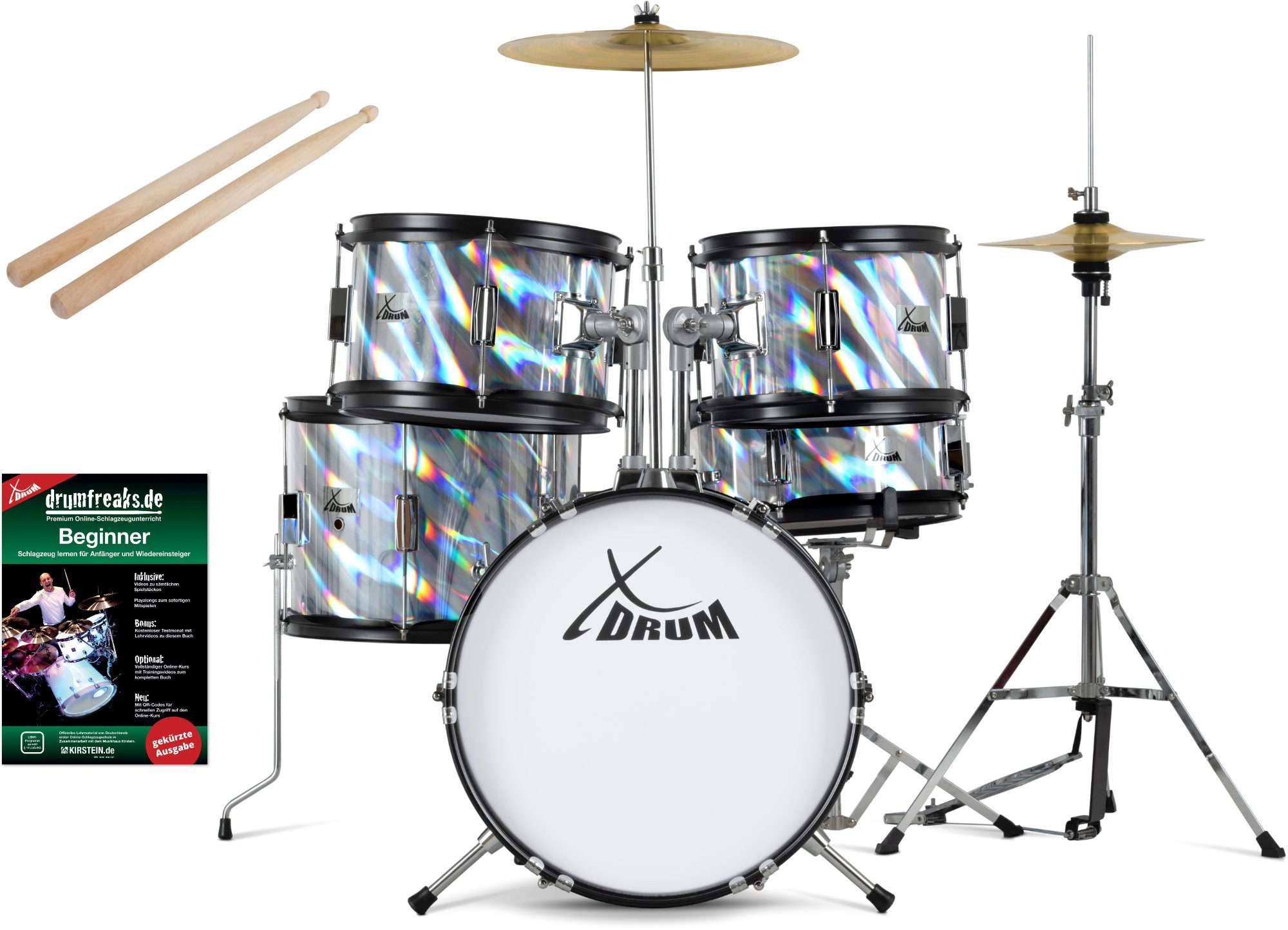 Kinderschlagzeug XDrum Junior Pro Kinder Schlagzeug Laser Silver inkl. Schule