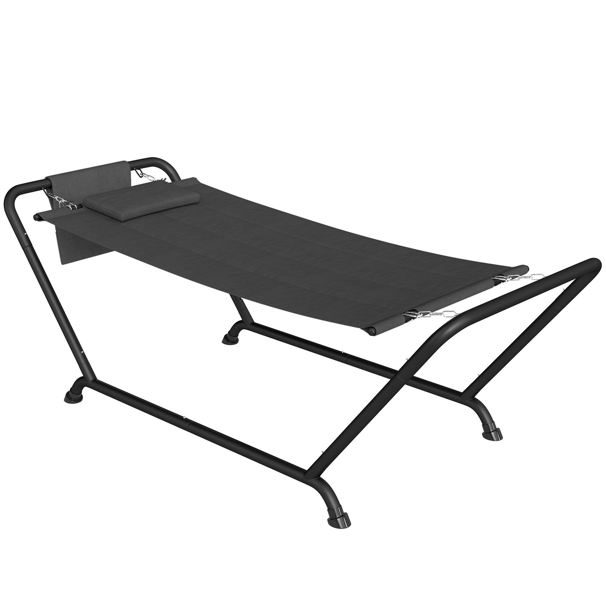 Outsunny Hängematte mit Seitentasche, Kopfstütze, Metallrahmen (Outdoor-Matte, 1 St., Stabhängematte), für Indoor & Outdoor Garten Balkon Terrasse Dunkelgrau