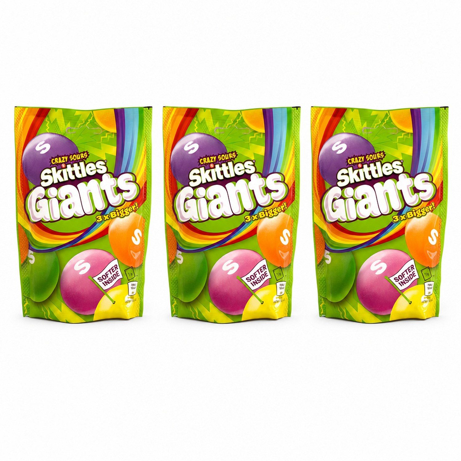 Skittles Süßigkeit, 3 x 132 g, Giants Crazy Sours UK Import