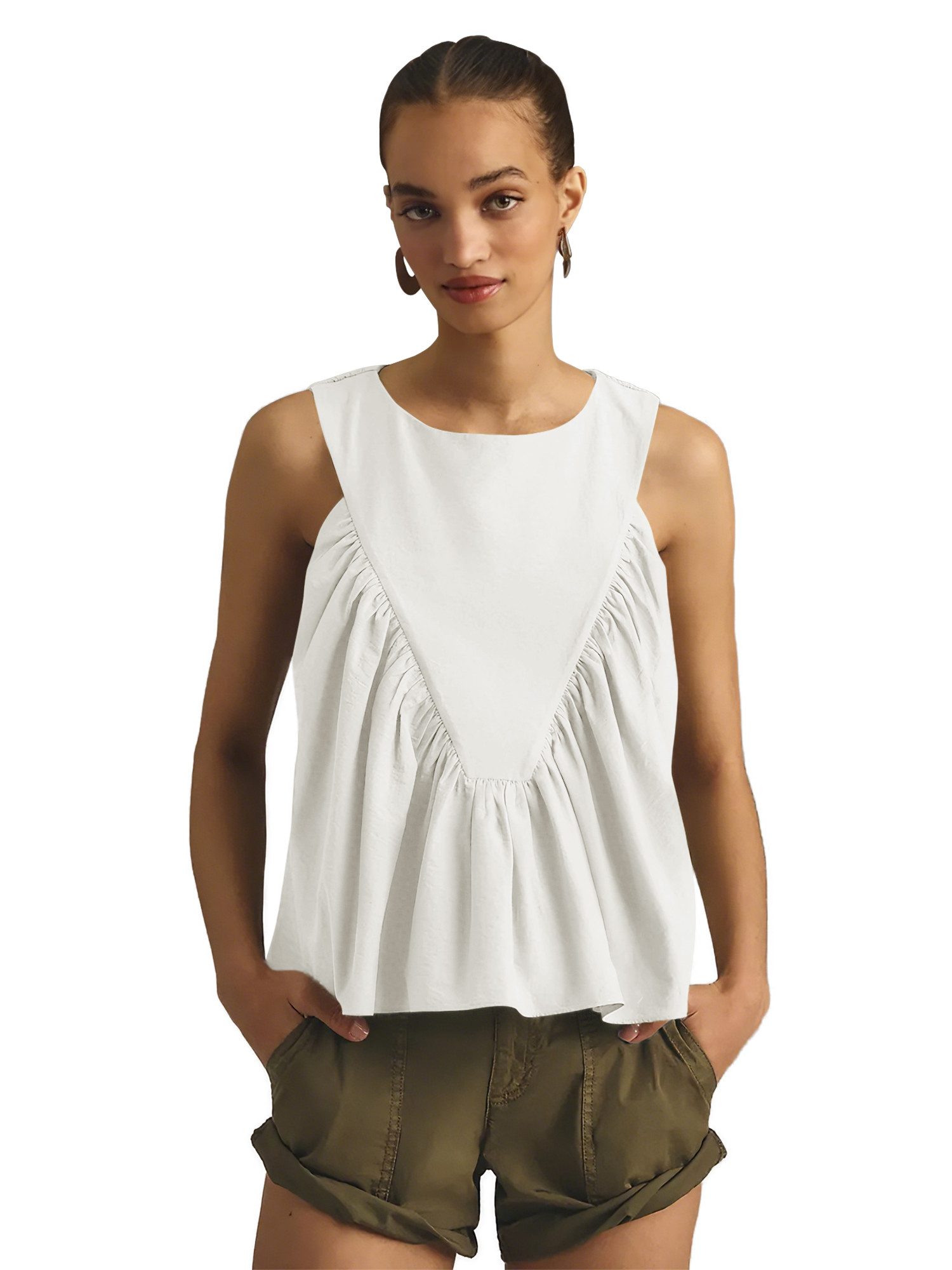 Imily Bela Tanktop Damen ärmelloses Oberteil mit Rundhals V-Form-Design Falten Casual Top (Packung, 1-tlg., 1per-Pack) mit Rüschen in Unifarbe