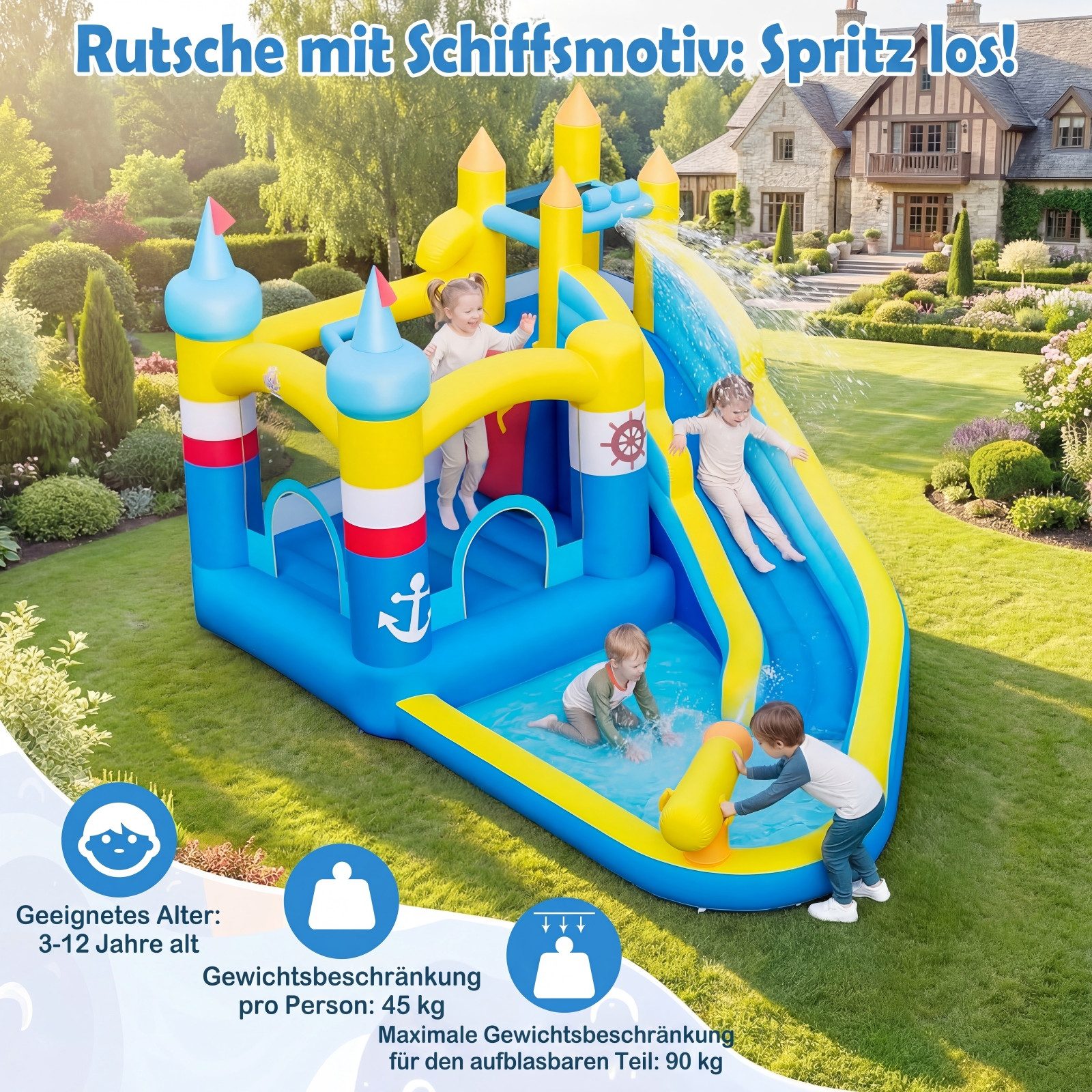 COSTWAY Hüpfburg, (1-tlg), Wasserhüpfburg mit Rutsche, Wasserkanone, Ozeanbällen
