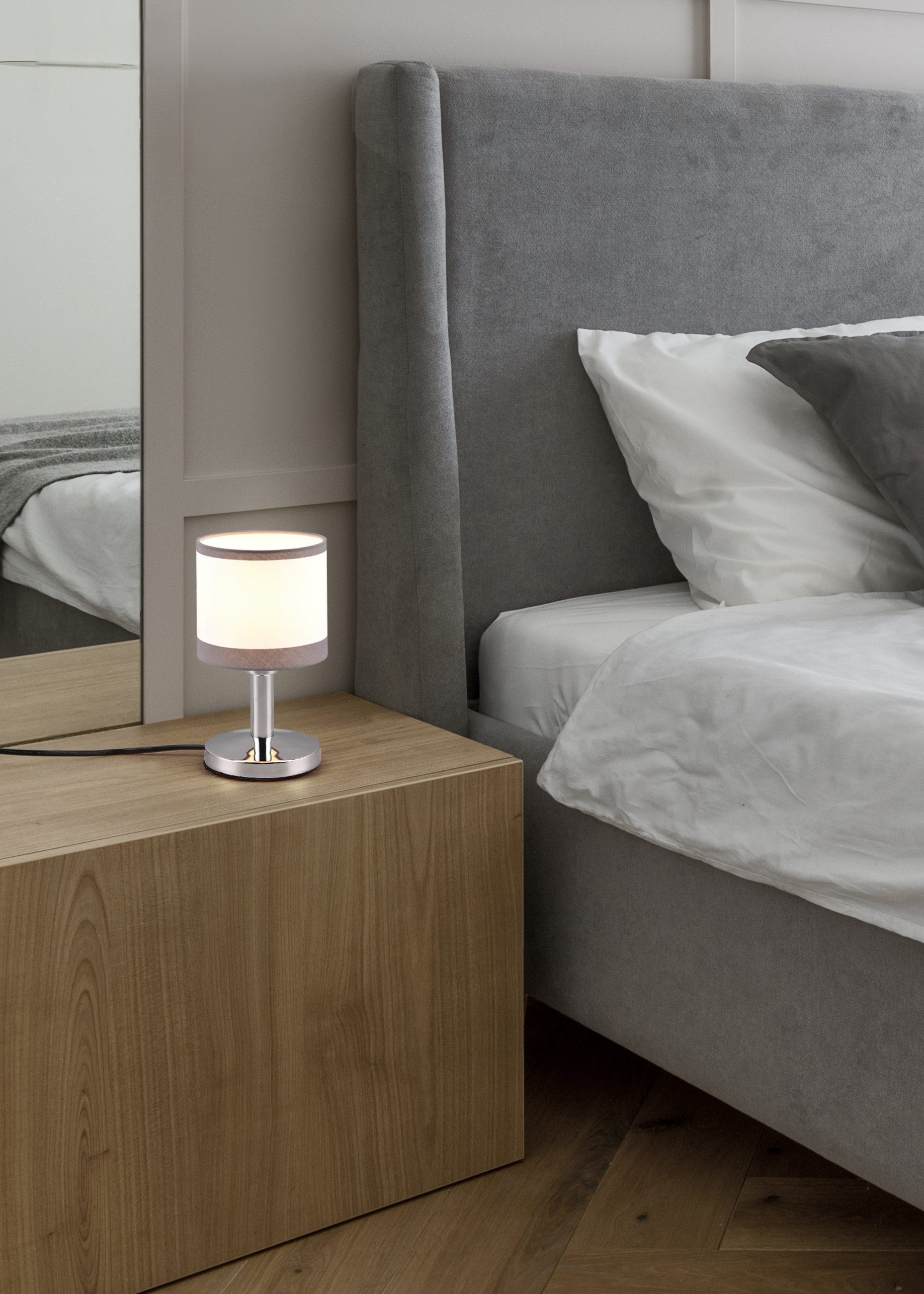 Reality Leuchten Schreibtischlampe DAVOS, Tischleuchte exkl 1xE14 max 10W On/Off Touch Steuerung, Ein-/Ausschalter, Leuchtmittel wechselbar, warmweiß - kaltweiß, Nachttischlampe Höhe 22cm mit Touchfunktion und Stoffschirm Ø12 cm