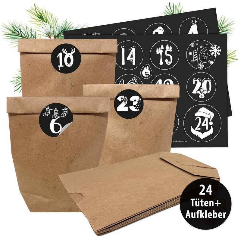 TOBJA Adventskalender Adventskalender DIY mit Stickern (Set), 24 Kraftpapier Tüten, Aufkleber Schwarz-Weiß Weihnachskalender basteln