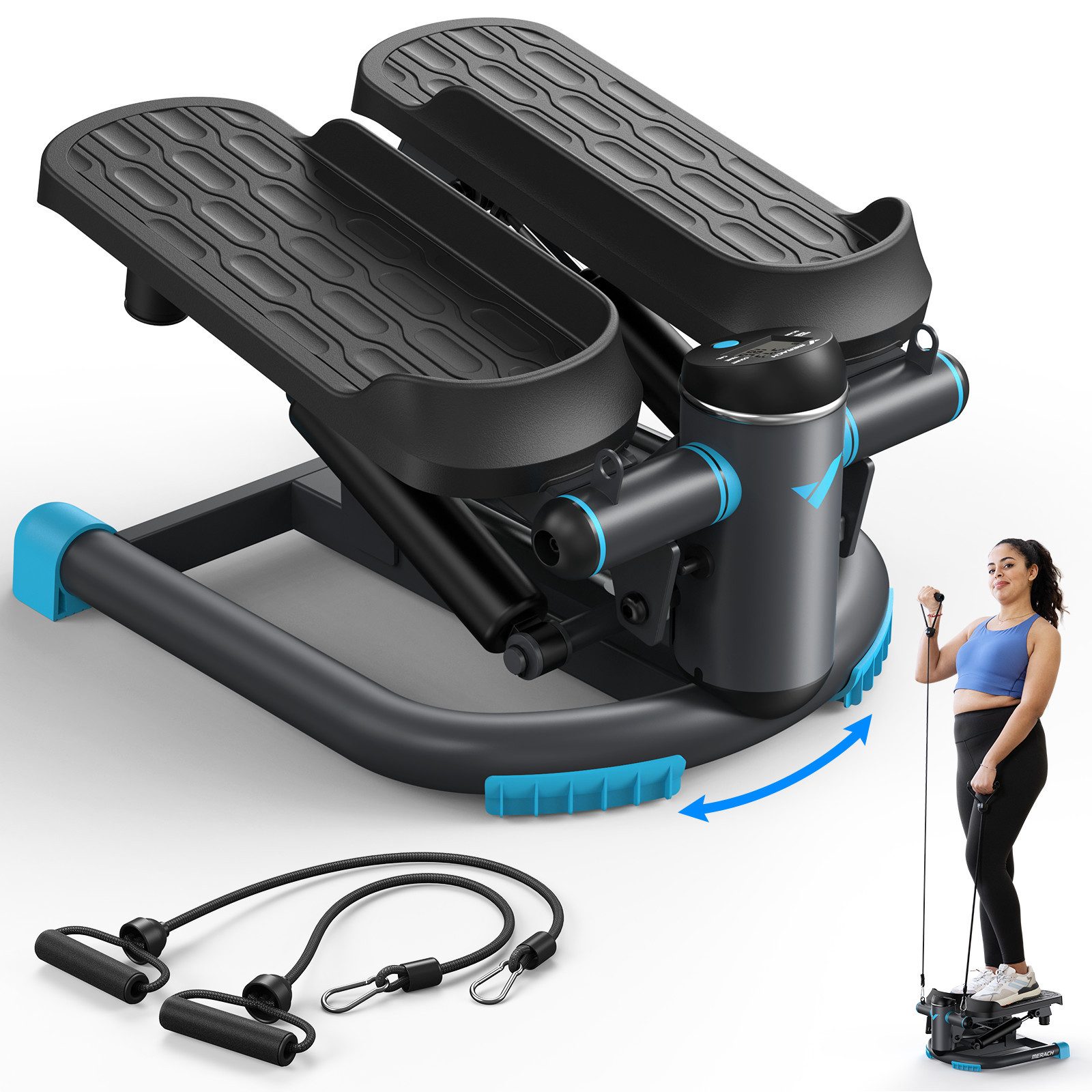 MERACH Mini-Stepper für Zuhause, Swing Stepper, Drehstepper, Beintrainer (mit LCD-Display und Widerstandsbändern, 150 kg Belastung, 1-tlg., Twist Stepper für effektives Bein/Arm/Butt Training), Hometrainer Widerstand, für Anfänger & Fortgeschrittene