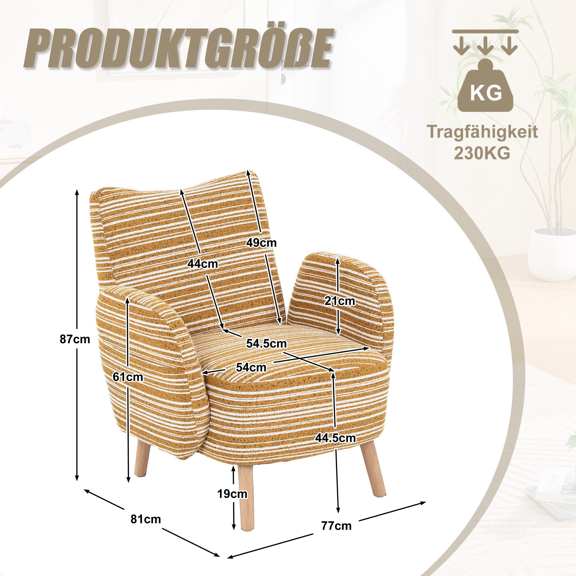 LVHOM Loungesessel Einzelsessel,Massivholzbeine,breite Sitzfläche,modernes Streifendesign (Ausgestattet mit Seitentaschen, robust und stabil, reich gepolstert, geschwungenes Design, 1-St., rutschfestes Design, Belastbarkeit 230kg), bequemer Lesesessel, geeignet für Wohnzimmer, Schlafzimmer und Büro
