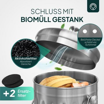 ZUKUNFTSENKEL Biomülleimer Silber 5L Geruchsdicht mit 2 Ersatzfiltern, Komposteimer Spar-Set