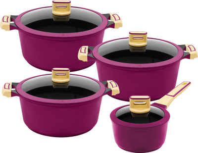 Emailtöpfe Set 6-teiliger Lavender 17,19,24 cm Kochtopf mit Glasdeckel Pott 