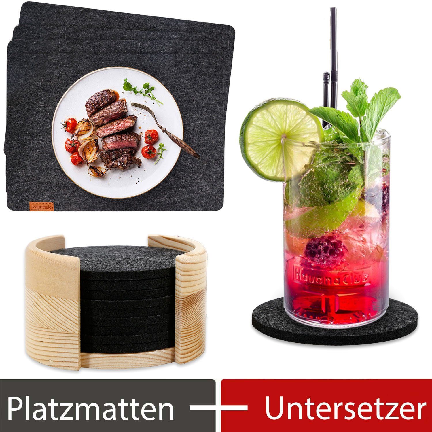 Platzset, Filz Set Tischuntersetzer - Platzset & Untersetzer, wortek, (Set, 16-St), waschbare Tisch-Untersetzer Teller-Untersetzer Filzset Platz-Matte (44 x 32 cm) & Getränkeuntersetzer Rund