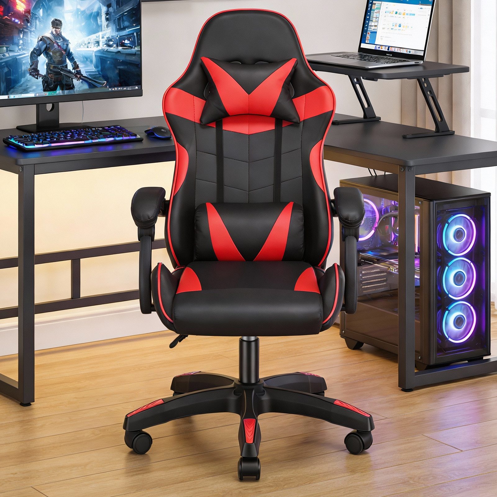 oyajia Gaming-Stuhl Gaming Stuhl, Bürostuhl Ergonomisch Wippfunktion bis zu 135° (mit Kopfstütze und Lendenkissen), Rückenlehne und Sitzfläche kippbar,Gamingstuhl mit Höhenverstellung