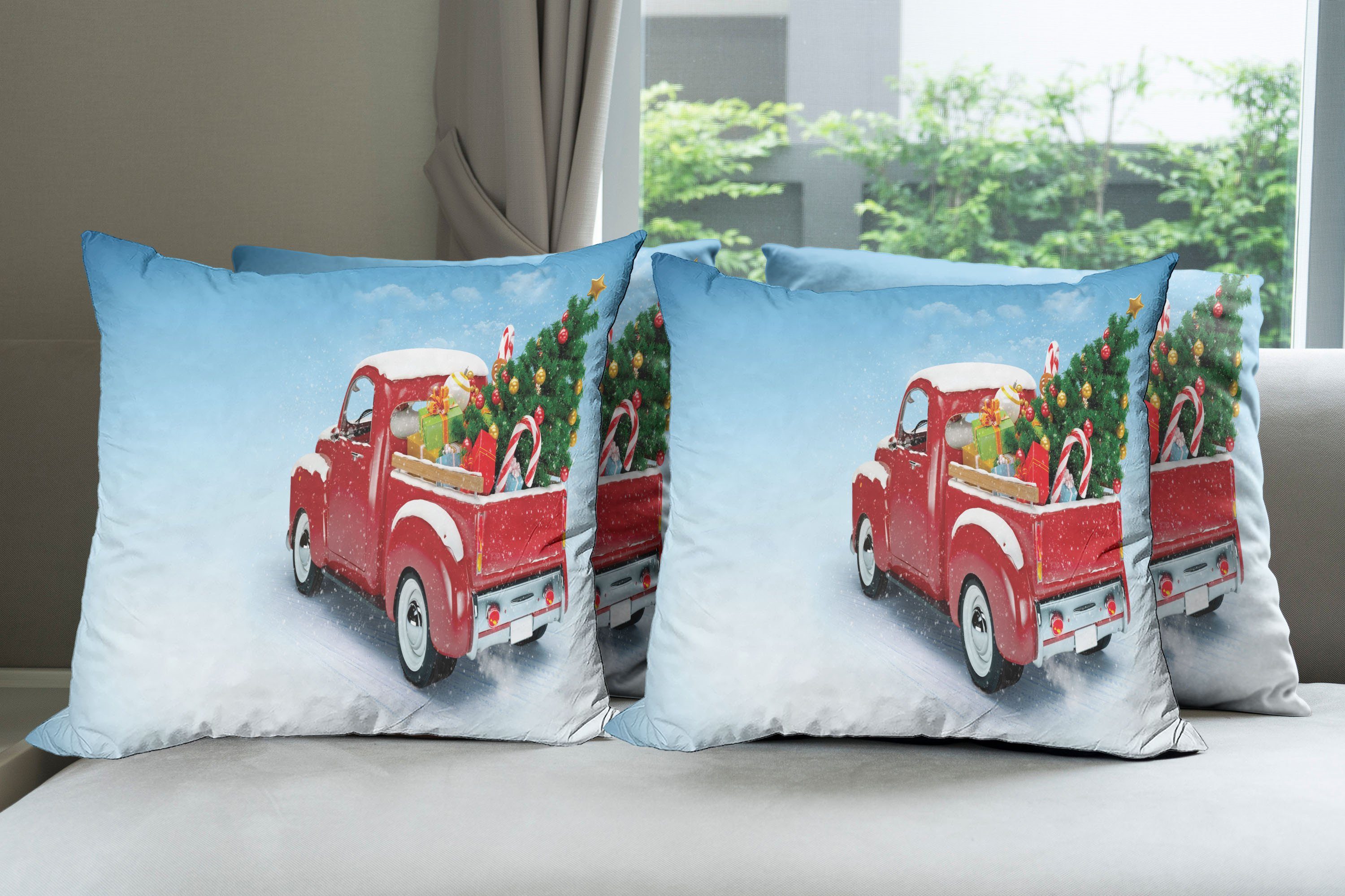 Kissenbezüge Modern Doppelseitiger Rot-LKW Weihnachten Abakuhaus Stück), (4 Accent Weihnachtsbaum Digitaldruck