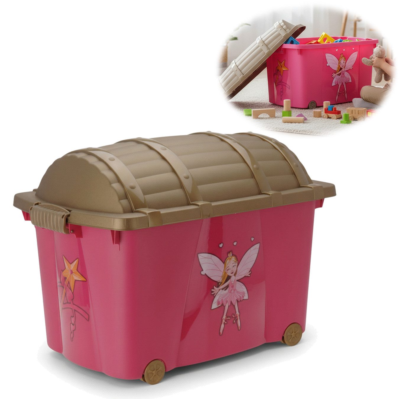 LS-LebenStil Spielzeugtruhe XL Spielzeugkiste Prinzessin Fee Aufbewahrungsbox Rollbox Rollen (Süßes Rosa Pink mit Deckel in Gold, 1 St., Kinderzimmer, Aufbewahrung für Kuscheltiere, Rollbox), Spielzeugbox Feen Mädchen Geschenk kinderleicht verschließen