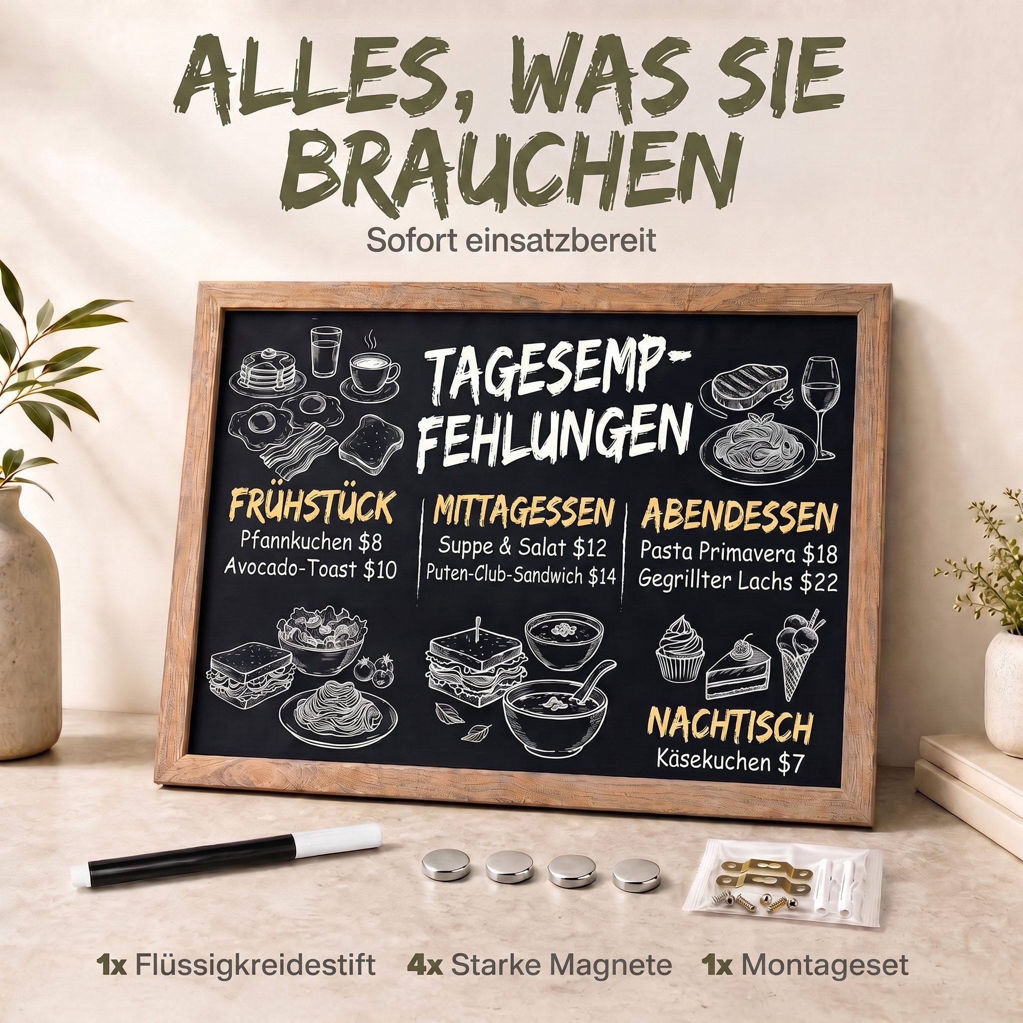 Goods+Gadgets Magnettafel Magnettafel Kreidetafel – Holzrahmen Magnet Board für Küche & Büro, (Magnet-Tafel zum Aufhängen, mit Holz-Rahmen), inkl. Kreidestift & Magnete