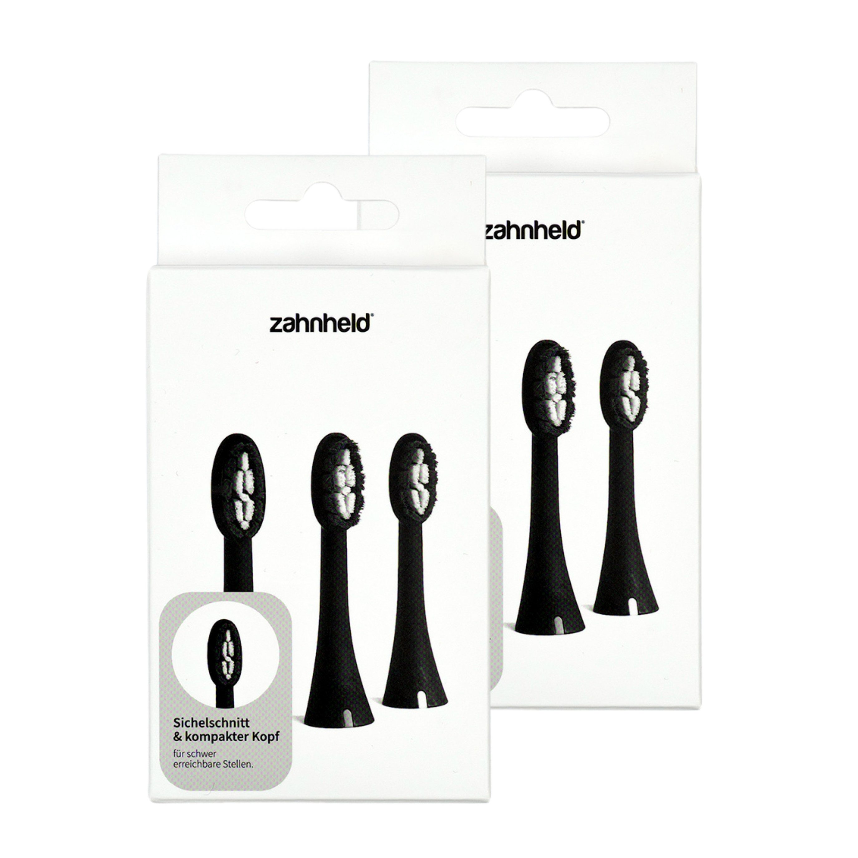 Zahnheld Aufsteckbürsten Basic Mini für Schallzahnbürste Gero, kleine Wechselköpfe, im 3er, 6er oder 9er Set, Zahnpflege Set, schmale Wechselköpfe, plastikfrei verpackt, 6 Stück, schwarz
