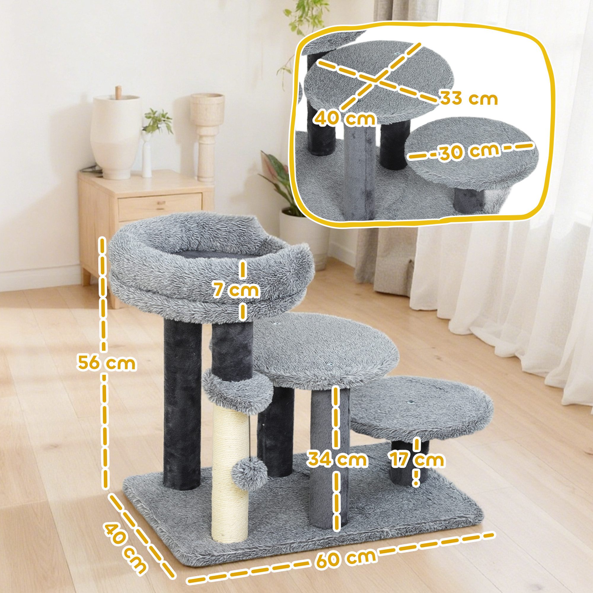PawHut Haustiertreppe Dreistufiges Design (Tiertreppe, 1-St., Katzentreppe für Katzen bis 6 kg), Plüschstoff, Sisalkratzsäule, Grau