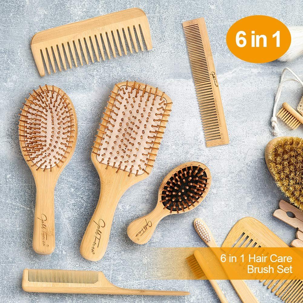 COOL-i ® Haarbürsten-Set, Bambus für 6 Naturborsten - Reduzieren und 1 in Frizz für umweltfreundlich Haarbürste schöne Haare Massage natürlich Frauen mit & Männer, Kopfhaut Kinder