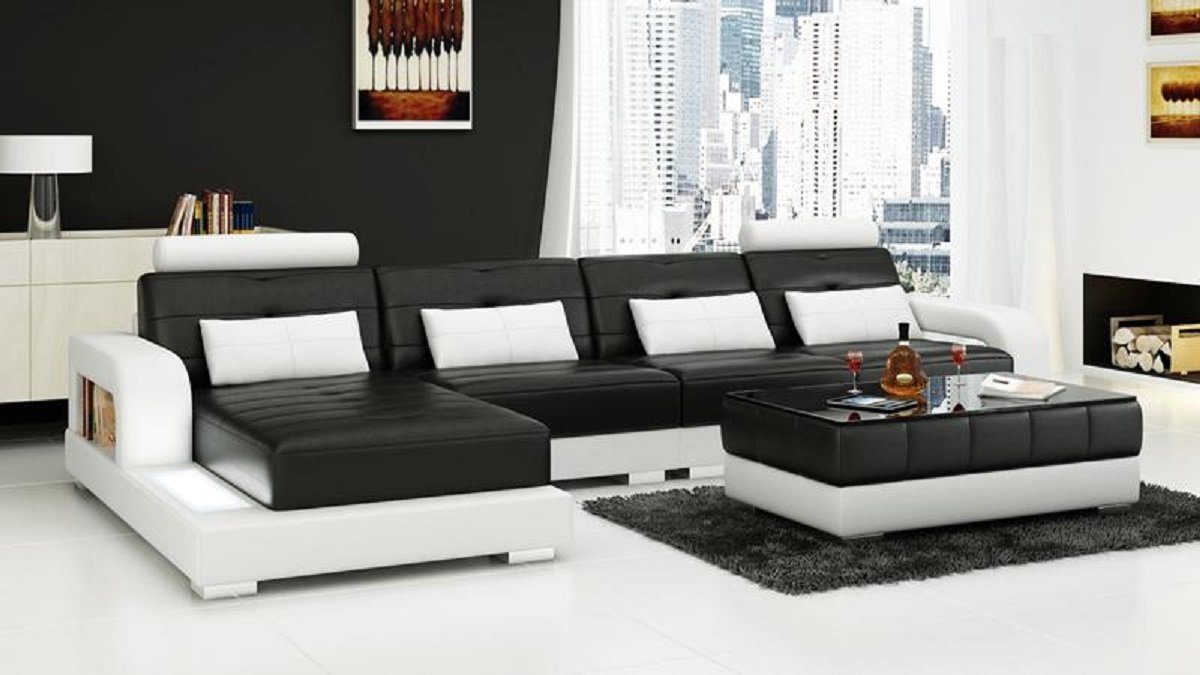 JVmoebel Ecksofa, Wohnlandschaft Ecksofa Sofa Couch Ledersofa Sitz Eck Garnitur Schwarz/Weiß