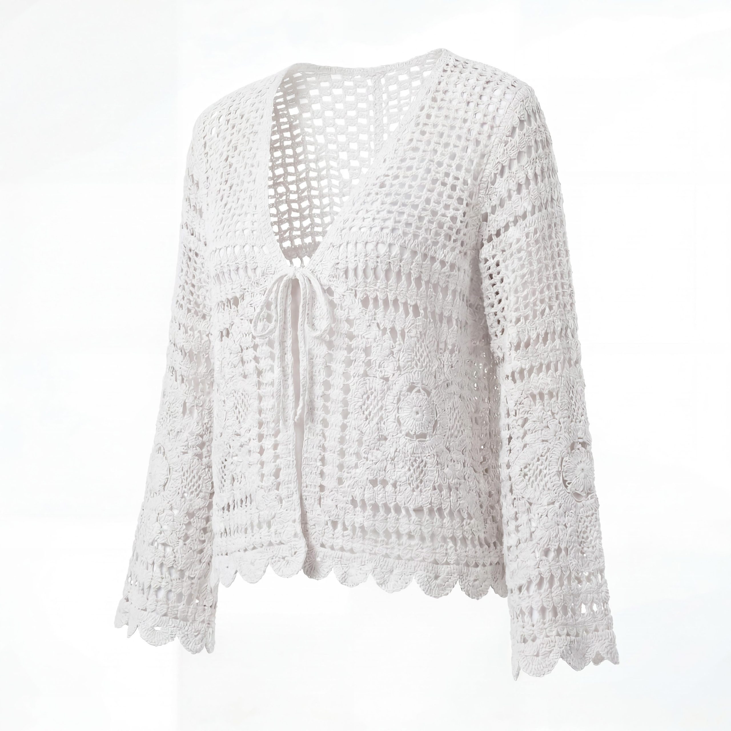 OriginalYou Strickjacke Cardigan leichte Sommerjacken Damen mit Schnürung Häkeljacke modernes Häkelmuster, weiter Ärmelabschluss, Gr. 42-46, mit Bindeband
