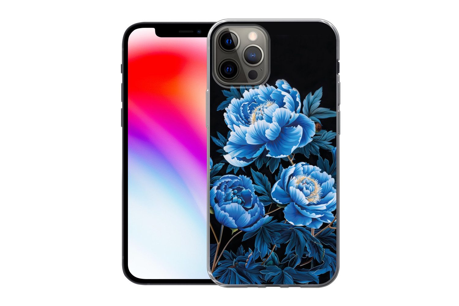 MuchoWow Handyhülle für Apple iPhone 12 Pro Blumen - Schwarz - Blau - Modern, Smartphone-Bumper, Print, Handy Schutzhülle Dünn