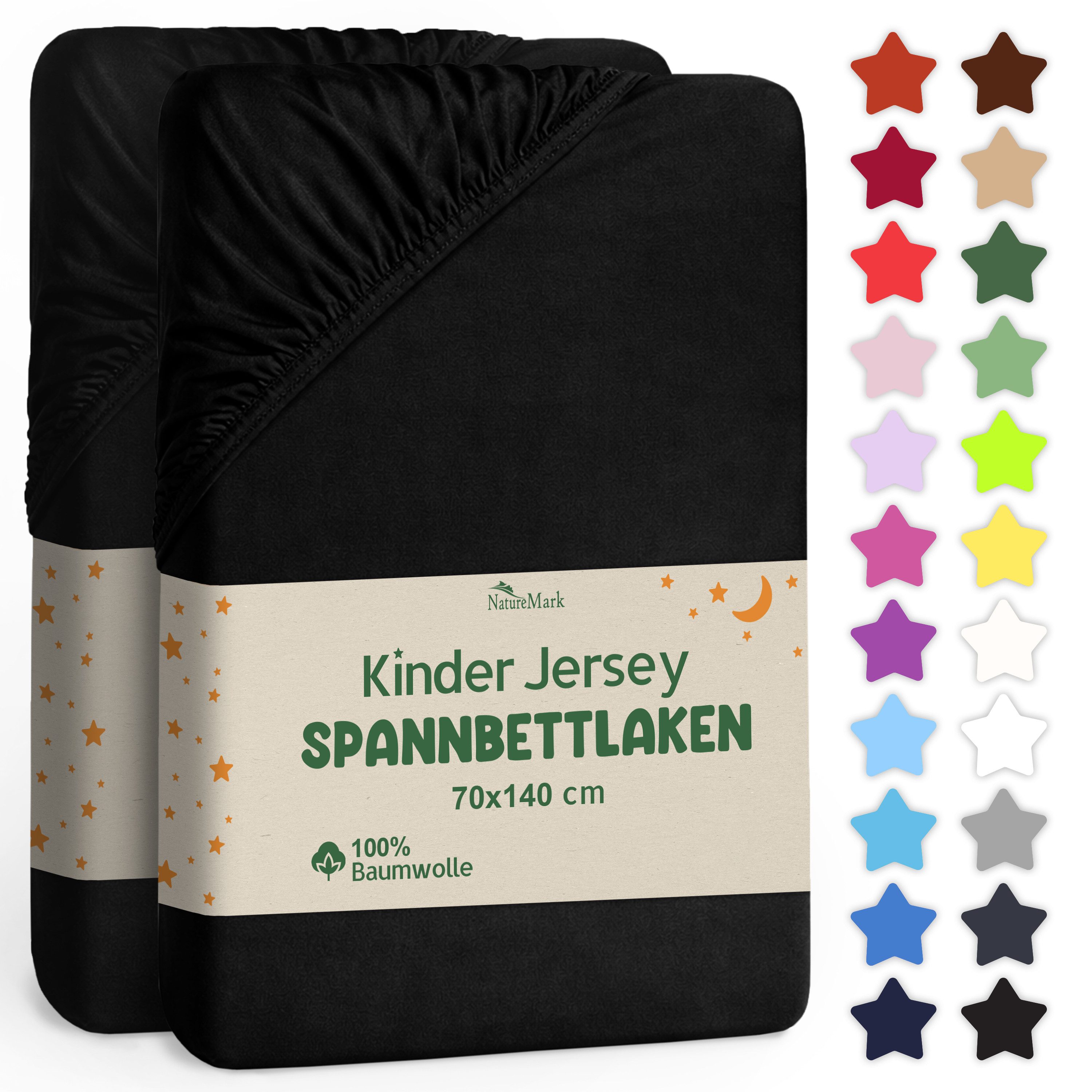 NatureMark Spannbettlaken Jersey Spannbetttuch, 100% Baumwolle, Gummizug: rundum, (2 Stück), Kinder Spannbetttuch, für Baby-/Kinderbett, 70x140 cm, Schwarz