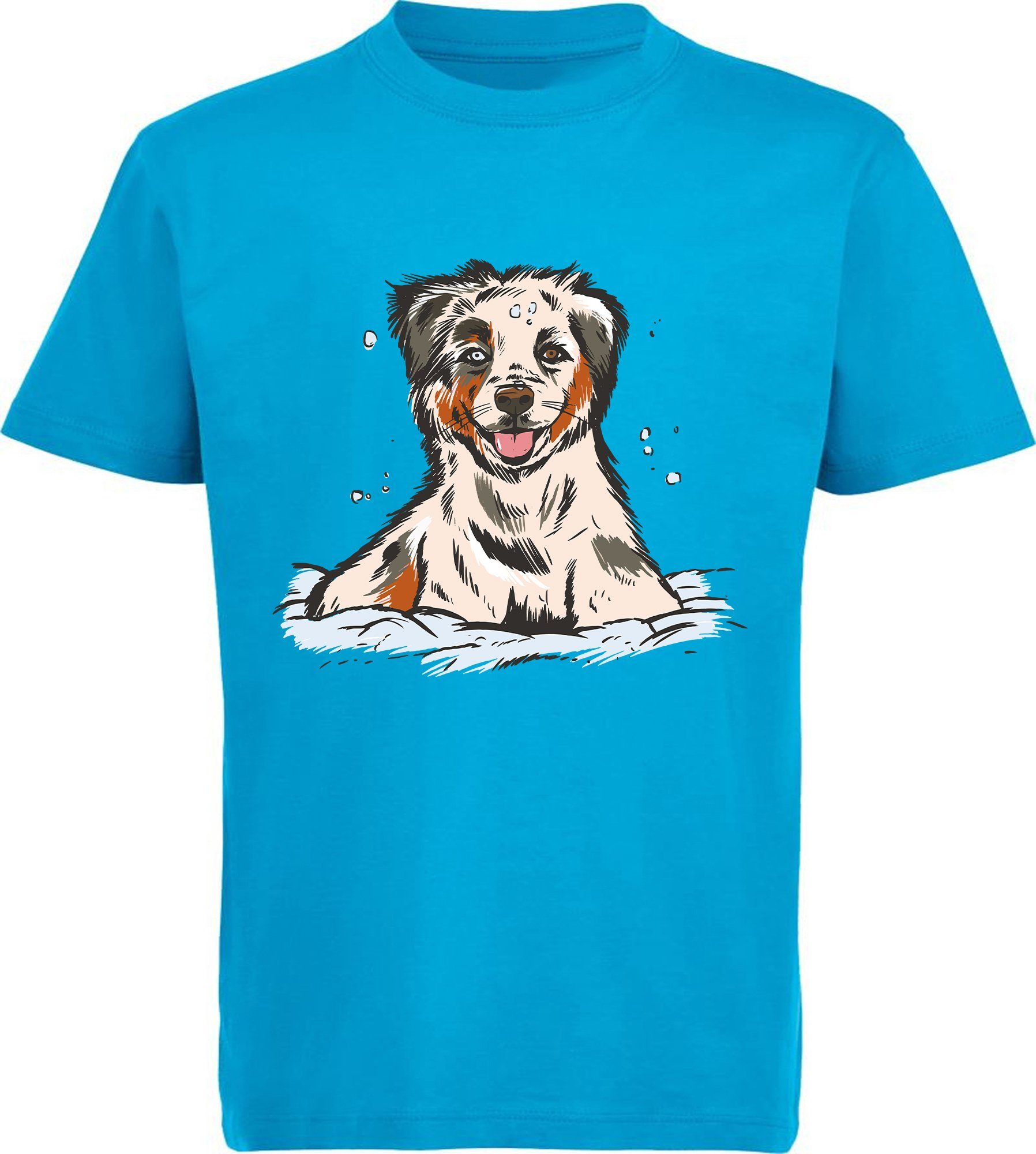 MyDesign24 Print-Shirt bedrucktes Kinder und Jugend Hunde T-Shirt Australian Shepherd Welpe Baumwollshirt mit Aufdruck, i216 aqua blau