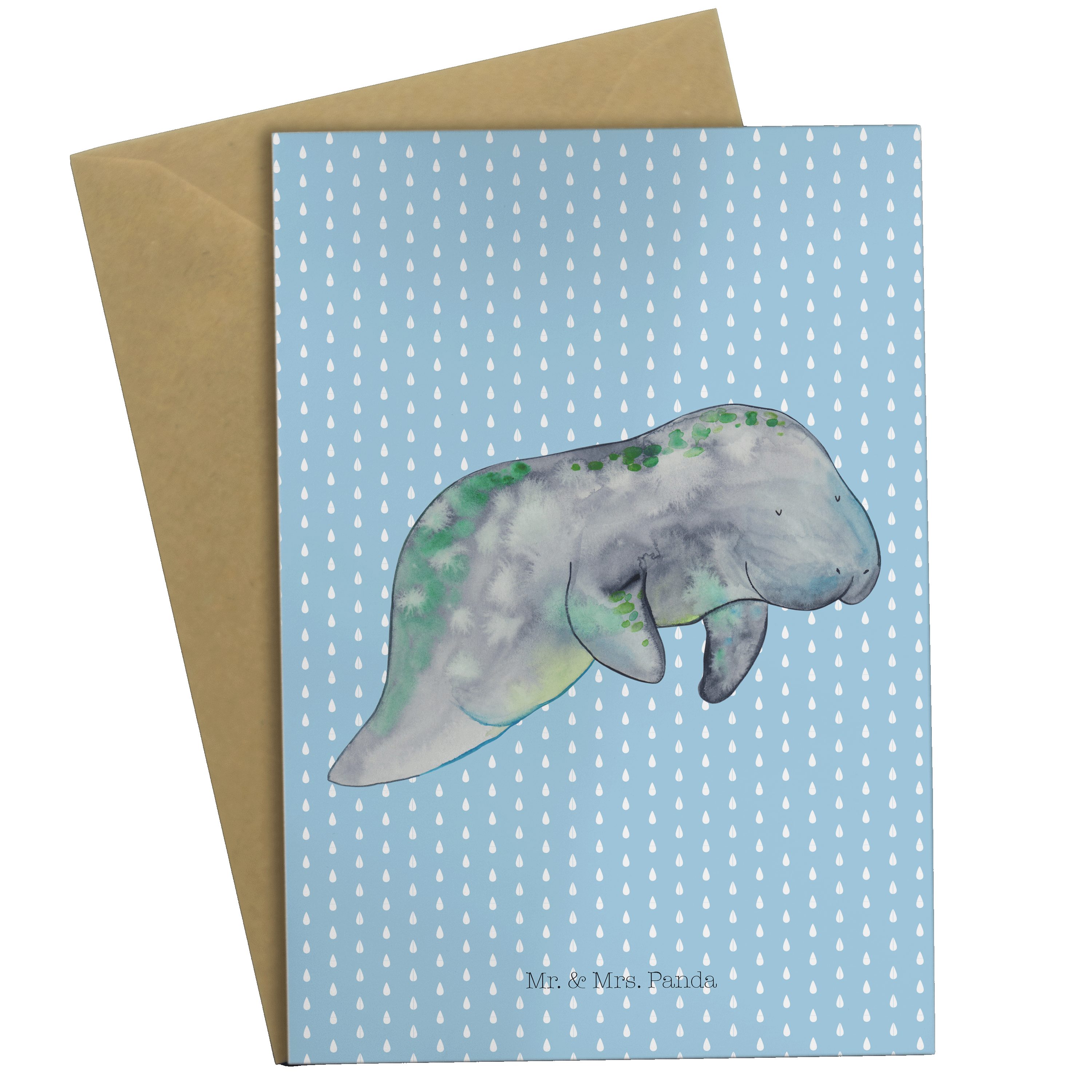 Mr. & Mrs. Panda Grußkarte Seekuh chillt - Blau Pastell - Geschenk, Klappkarte, Glückwunschkarte