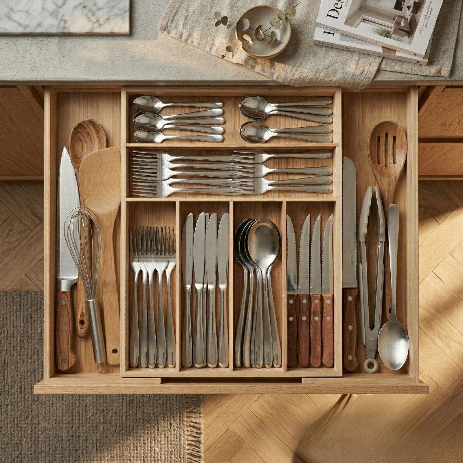 AROMELIO Besteckkasten Ausziehbarer Besteckkasten VARIO, Bambus