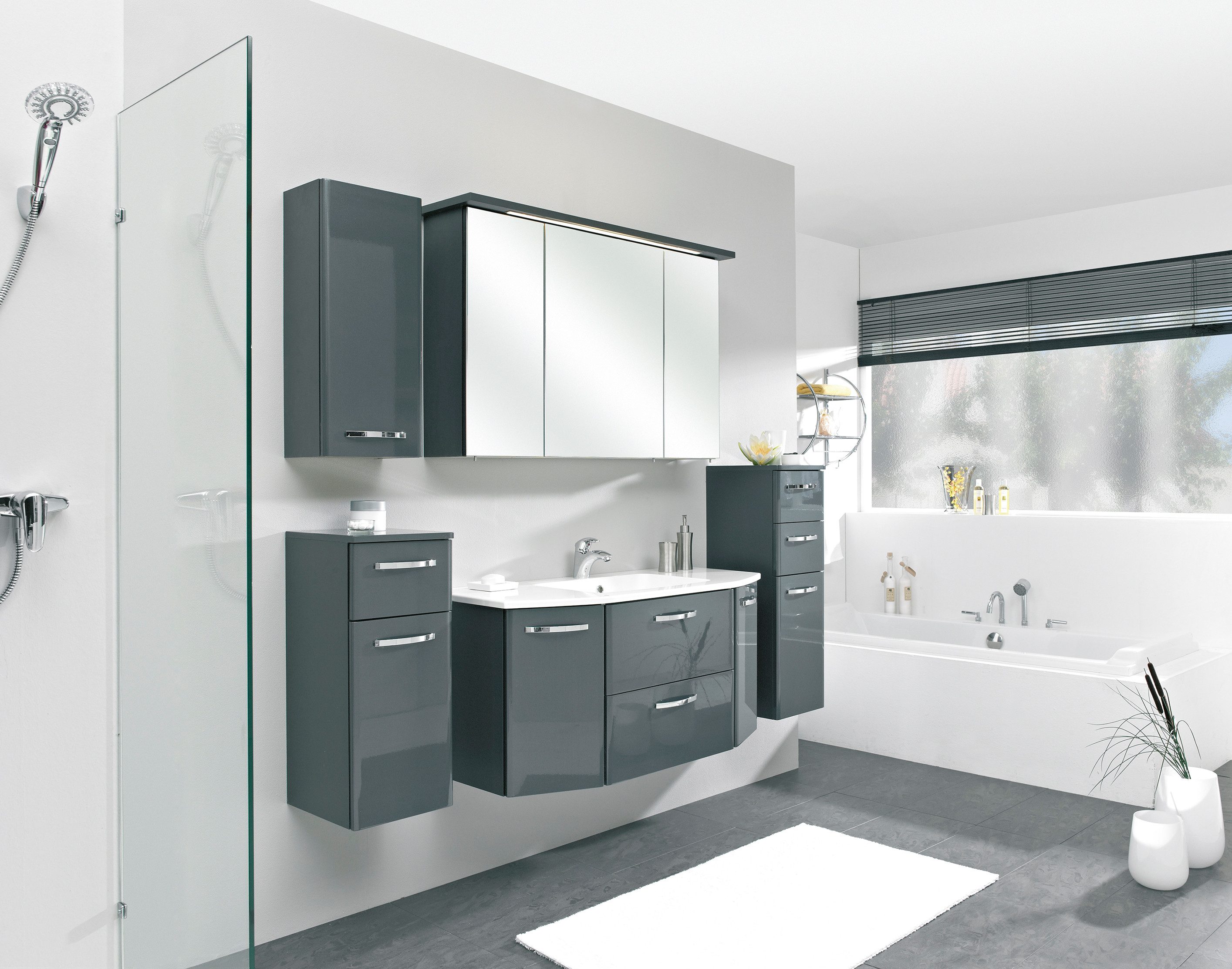 Saphir Waschtisch Quickset 327 Waschtisch mit Unterschrank, inkl Türdämpfer, Anthrazit Hochglanz, Waschplatz mit 2 Türen, 1 Klappe, 1 Auszug
