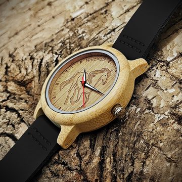 Holzwerk Quarzuhr TORI BLACK Damen Leder & Holz Uhr mit Pferd Motiv in schwarz, beige