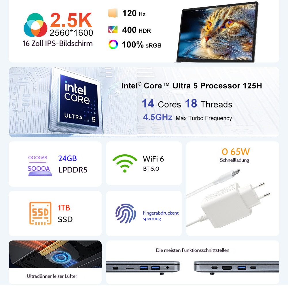 Rolipo 16" Display, Intel Core Ultra 5 125H AI Laptop,24GB LPDDR5 RAM+1TB SSD Business-Notebook (Intel® Core™ Ultra 5 Processor 125H, 12 GB, 1024 GB SSD, Intel Arc™ graphics, Windows 11, QWERTY Tastatur)