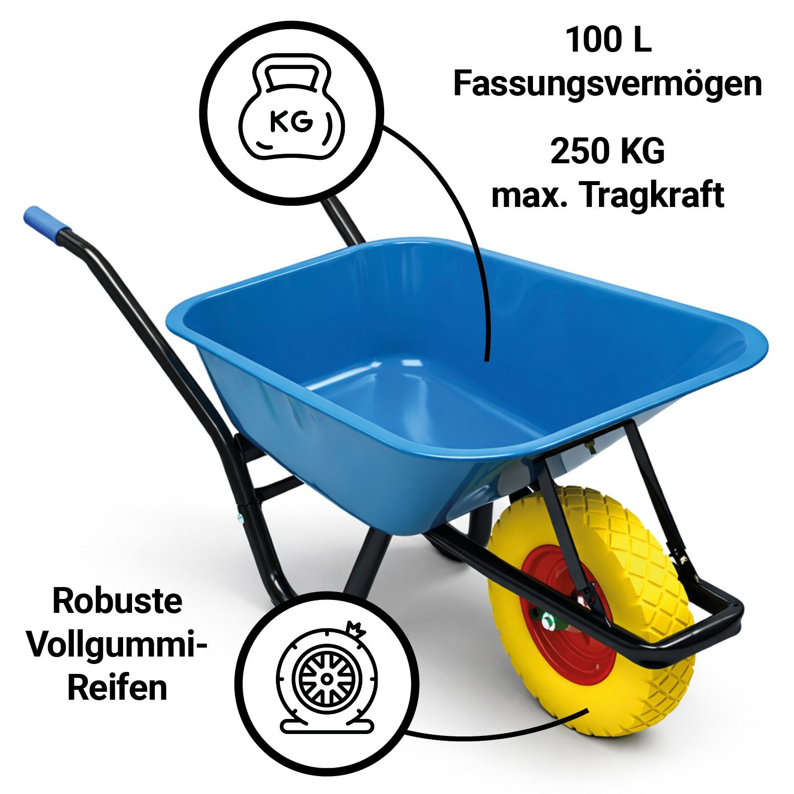 Bituxx Schubkarre Schwarz Mulde Blau mit PU Rad Gelb, (MS-19707)