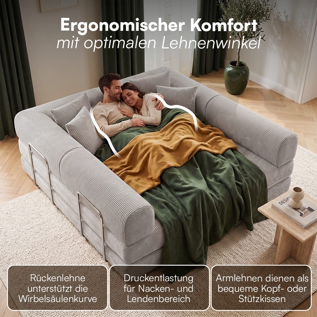 skølm Sofa & Sessel Lofn aus Vollschaum Cord, umwandelbar zum Schlafsofa/-Sessel, Hellgrau, Ecksofa 300 cm breit, 4 Sitzer, kein Aufbau erforderlich, vakuumiert – Bild 4 von 5