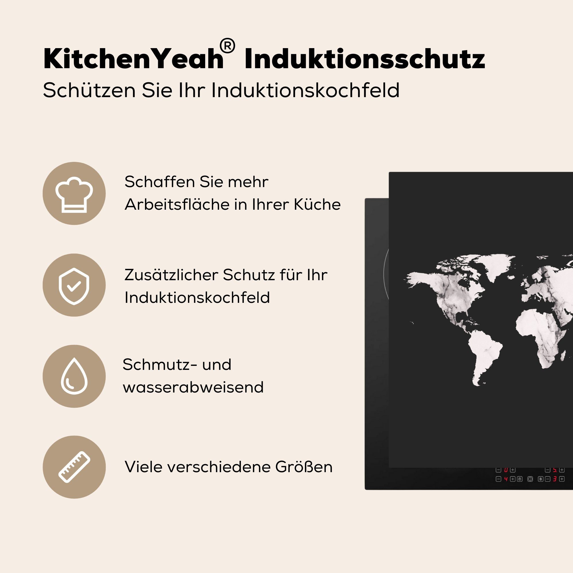 MuchoWow Herdblende-/Abdeckplatte Weltkarte - Schwarz Vinyl, tlg), für Ceranfeldabdeckung, 78x78 küche weiß Marmor, und Arbeitsplatte - (1 cm