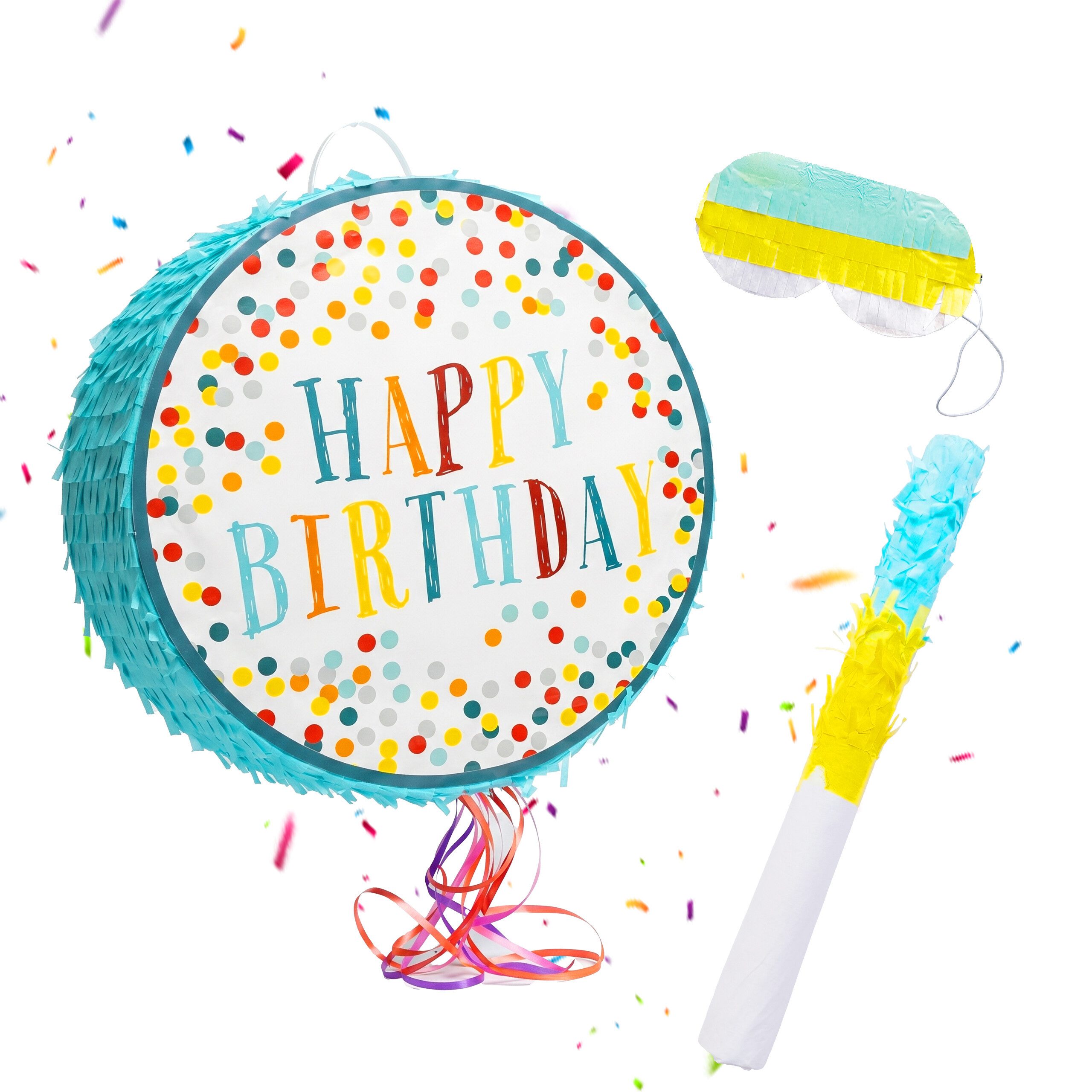 relaxdays Pinata Set 3 teilig mit Stock und Maske, Happy Birthday blau