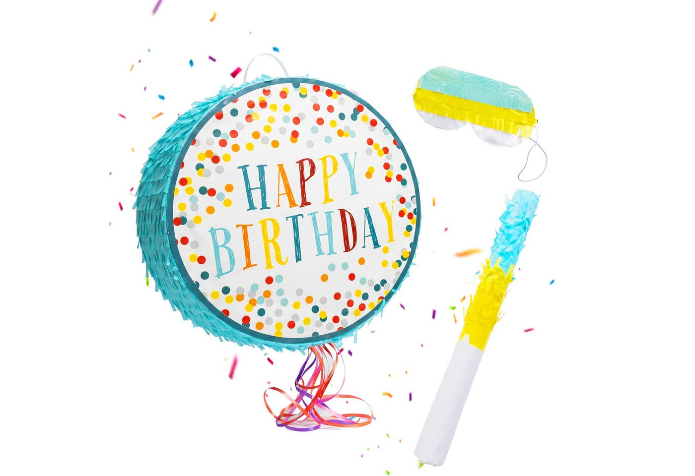 relaxdays Pinata Set 3-teilig mit Stock und Maske, Happy Birthday blau